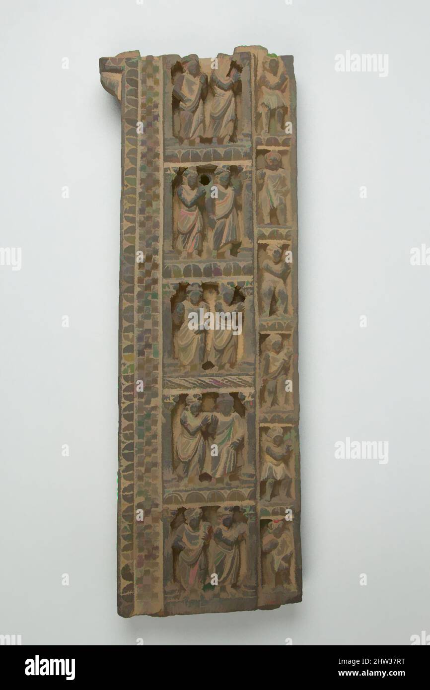 Arte ispirata da Falso Gable Border Relief: Adoratori in costumi regnanti,  2nd–4th secolo, Pakistan (antica regione di Gandhara, Taxila), pietra, H.  22 1/2 in. (57,2 cm); W. 7 5/8" (19,4 cm); D.