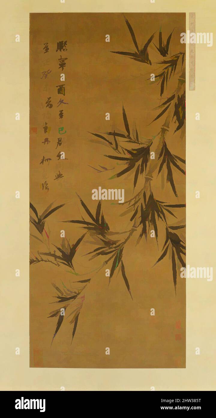 Arte ispirata da 元 柯九思 臨文同墨竹圖 軸, Bamboo dopo Wen Tong, dinastia Yuan (1271-1368), datata 1343, Cina, Hanging scroll; Inchiostro su seta, immagine: 42 3/8 x 18 3/4 pollici (107,6 x 47,6 cm), dipinti, Ke Jiusi (cinese, 1290–1343), questa drammaticamente croppata immagine di bambù non rivela né la pianta, opere classiche modernizzate da Artotop con un tuffo di modernità. Forme, colore e valore, impatto visivo accattivante sulle emozioni artistiche attraverso la libertà delle opere d'arte in modo contemporaneo. Un messaggio senza tempo che persegue una nuova direzione selvaggiamente creativa. Artisti che si rivolgono al supporto digitale e creano l'NFT Artotop Foto Stock