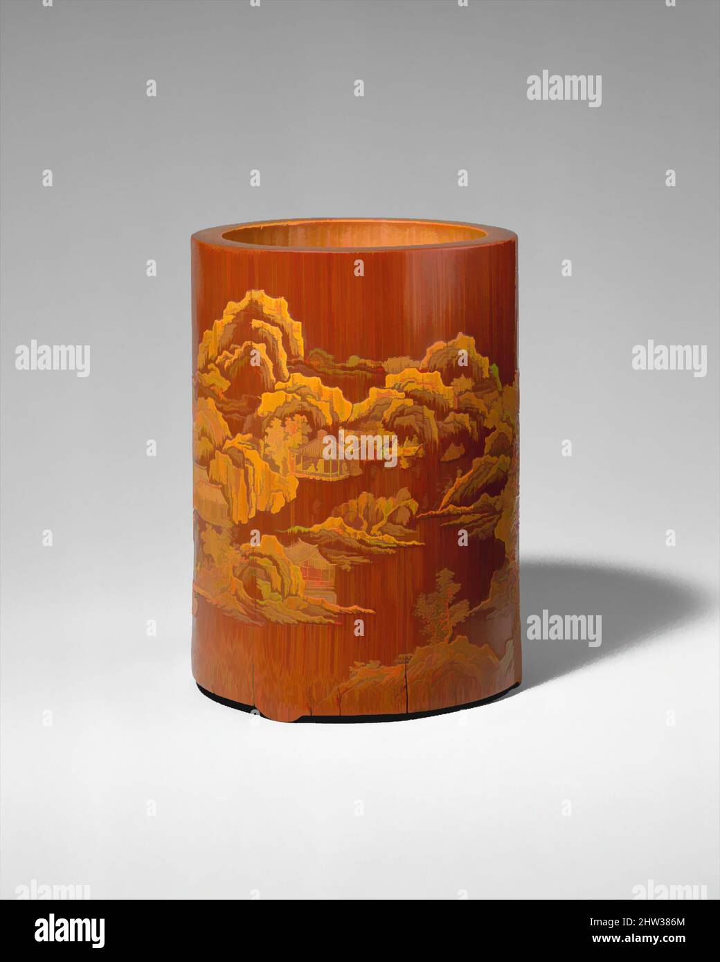 Arte ispirata da portaspazzole con Ode al Padiglione dell'uomo Vecchio, 晚明 張希黃 留青竹刻 《醉翁亭記》 詩意圖筆筒, dinastia Ming (1368-1644), inizio 17th secolo, Cina, Bambù, H. 5 1/4 poll. (13,4 cm), Bamboo, Zhang Xihuang (attivo all'inizio del 17th secolo), Un tour de force of carving skill, The, opere classiche modernizzate da Artotop con un tuffo di modernità. Forme, colore e valore, impatto visivo accattivante sulle emozioni artistiche attraverso la libertà delle opere d'arte in modo contemporaneo. Un messaggio senza tempo che persegue una nuova direzione selvaggiamente creativa. Artisti che si rivolgono al supporto digitale e creano l'NFT Artotop Foto Stock