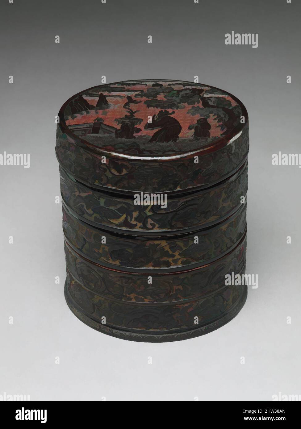 Arte ispirata da 元 剔黑高士圖撞盒, Tiered Box con Scholar-Official in a Landscape, dinastia Ming (1368–1644), fine 14th secolo, Cina, lacca nera intagliata su terreno dorato, H. 5 1/8 poll. (13 cm); Diam. 4 7/8 poll. (12,4 cm), Lacquer, questa scatola insolita è difficile da oggi precisamente. L'uso di, opere classiche modernizzate da Artotop con un tuffo di modernità. Forme, colore e valore, impatto visivo accattivante sulle emozioni artistiche attraverso la libertà delle opere d'arte in modo contemporaneo. Un messaggio senza tempo che persegue una nuova direzione selvaggiamente creativa. Artisti che si rivolgono al supporto digitale e creano l'NFT Artotop Foto Stock Arte ispirata da 元 剔黑高士圖撞盒, Tiered Box con Scholar-Official in a Landscape, dinastia Ming (1368–1644), fine 14th secolo, Cina, lacca nera intagliata su terreno dorato, H. 5 1/8 poll. (13 cm); Diam. 4 7/8 poll. (12,4 cm), Lacquer, questa scatola insolita è difficile da oggi precisamente. L'uso di, opere classiche modernizzate da Artotop con un tuffo di modernità. Forme, colore e valore, impatto visivo accattivante sulle emozioni artistiche attraverso la libertà delle opere d'arte in modo contemporaneo. Un messaggio senza tempo che persegue una nuova direzione selvaggiamente creativa. Artisti che si rivolgono al supporto digitale e creano l'NFT Artotop Foto Stock
