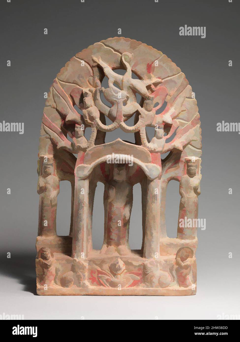 Arte ispirata a Votive Stele con Buddha e Bodhisattvas, dinastia Qi settentrionale, metà 6th secolo, Cina, calcare con pigmento e doratura, H: 21 7/8 poll. (55,6 cm); L: 14 5/8" (37,1 cm); D: 4" (10,2 cm), scultura, opere classiche modernizzate da Artotop con un tuffo di modernità. Forme, colore e valore, impatto visivo accattivante sulle emozioni artistiche attraverso la libertà delle opere d'arte in modo contemporaneo. Un messaggio senza tempo che persegue una nuova direzione selvaggiamente creativa. Artisti che si rivolgono al supporto digitale e creano l'NFT Artotop Foto Stock