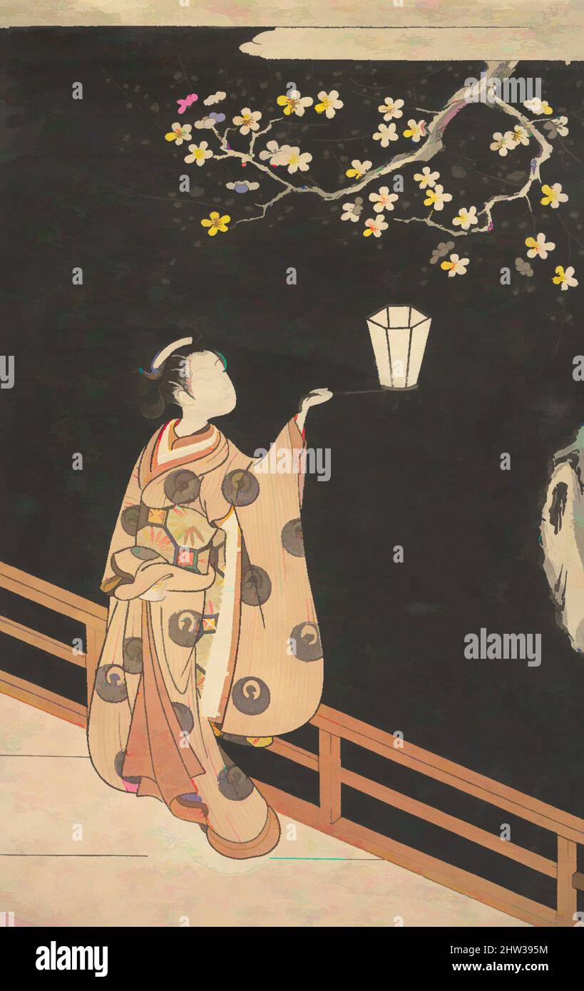 Arte ispirata dalla donna ammirando i fiori di prugna di notte, periodo Edo (1615–1868), Giappone, stampa in blocco di legno policromo con goffratura (karazuri); inchiostro e colore su carta, immagine: 12 3/4 x 8 1/4 pollici (32,4 x 21 cm), stampe, Suzuki Harunobu (giapponese, 1725–1770), in questa stampa, Una delle opere classiche di Harunobu modernizzate da Artotop con un tuffo di modernità. Forme, colore e valore, impatto visivo accattivante sulle emozioni artistiche attraverso la libertà delle opere d'arte in modo contemporaneo. Un messaggio senza tempo che persegue una nuova direzione selvaggiamente creativa. Artisti che si rivolgono al supporto digitale e creano l'NFT Artotop Foto Stock
