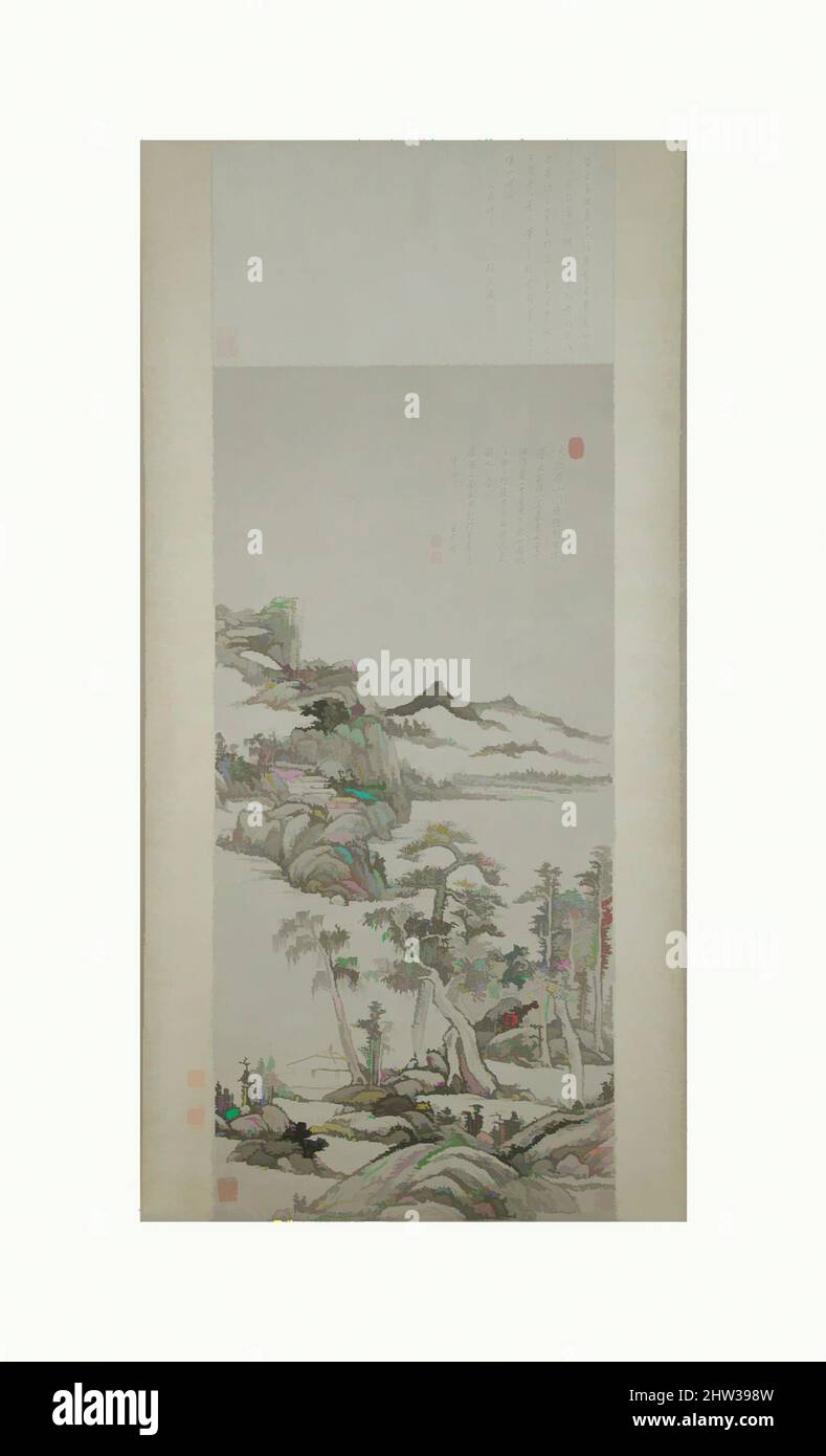Arte ispirata da 清 王原祁 倣黃公望高克恭山水圖 軸, Paesaggio negli stili di Huang Gongwang e Gao Kegong, dinastia Qing (1644–1911), datata 1705, Cina, Hanging scroll; Inchiostro su carta, immagine: 45 1/8 x 21 1/4 pollici (114,6 x 54 cm), dipinti, Wang Yuanqi (cinese, 1642–1715), il più giovane dei quattro, opere classiche modernizzate da Artotop con un tuffo di modernità. Forme, colore e valore, impatto visivo accattivante sulle emozioni artistiche attraverso la libertà delle opere d'arte in modo contemporaneo. Un messaggio senza tempo che persegue una nuova direzione selvaggiamente creativa. Artisti che si rivolgono al supporto digitale e creano l'NFT Artotop Foto Stock