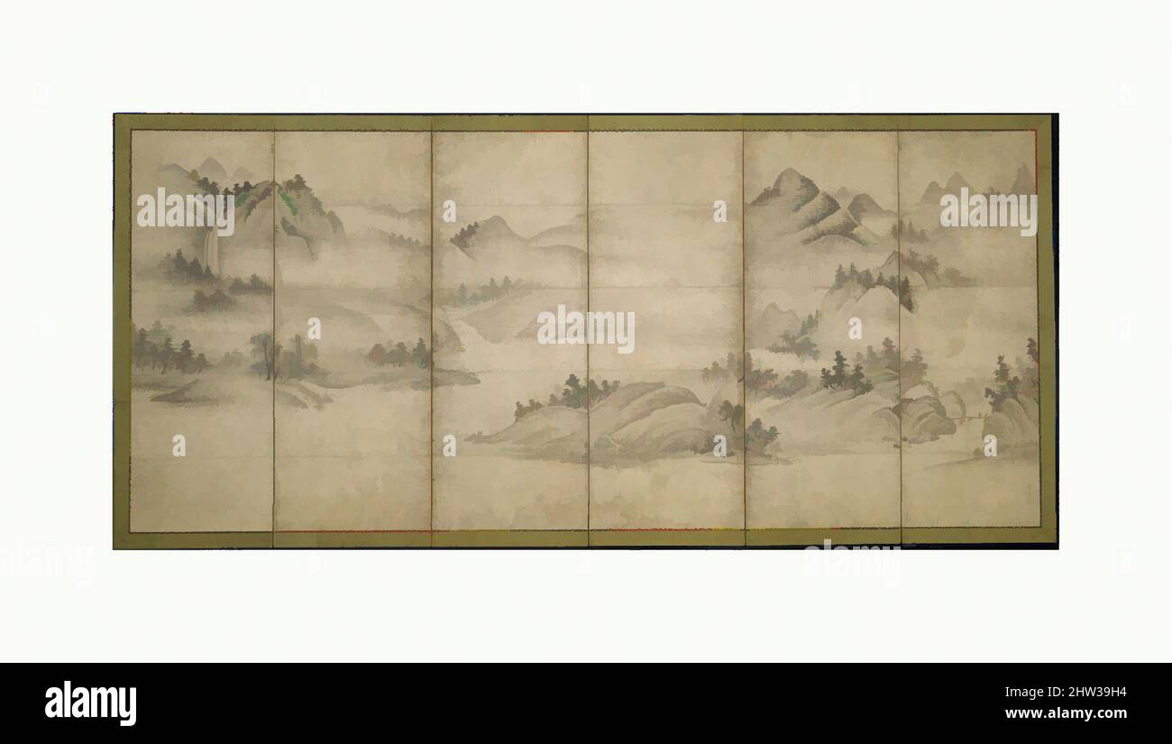 Arte ispirata a 四季山水画 （瀟湘八景）, Paesaggio delle quattro stagioni (otto viste dei fiumi Xiao e Xiang), periodo Muromachi (1392–1573), inizio 16th secolo, Giappone, coppia di schermi pieghevoli a sei pannelli; inchiostro su carta, ciascuno: 68 1/4 x 146 pollici. (173,4 x 370,8 cm), schermi, Sōami (giapponese, morto, opere classiche modernizzate da Artotop con un tuffo di modernità. Forme, colore e valore, impatto visivo accattivante sulle emozioni artistiche attraverso la libertà delle opere d'arte in modo contemporaneo. Un messaggio senza tempo che persegue una nuova direzione selvaggiamente creativa. Artisti che si rivolgono al supporto digitale e creano l'NFT Artotop Foto Stock