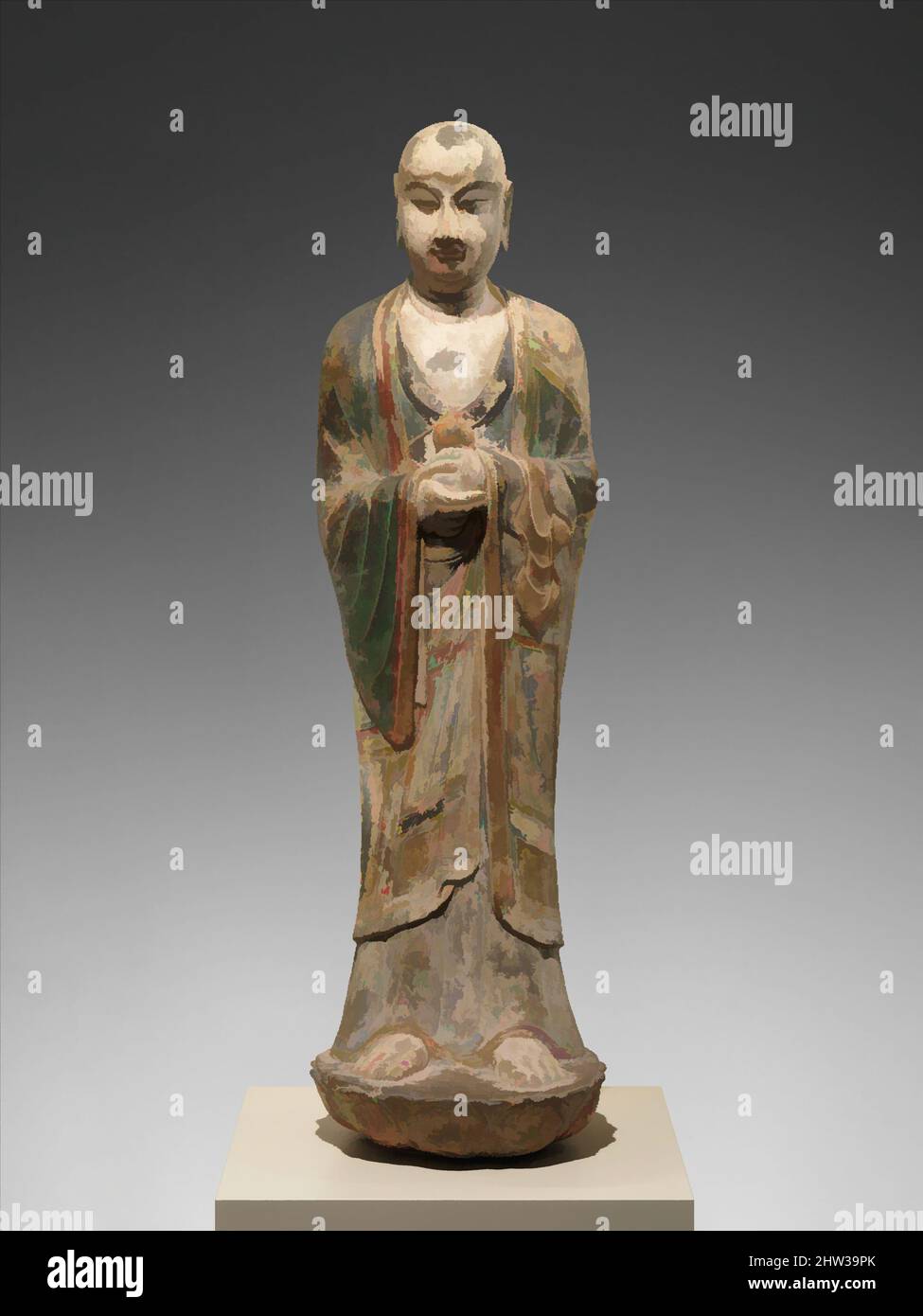 Arte ispirata da 唐 彩繪石雕阿難陀像（石灰岩）, Monk, probabilmente Ananda (Anantuo), dinastia Tang (618-907), 8th secolo, Cina, calcare con pigmento, H. (incl. Tassello in pietra): 69 poll. (175,3 cm), scultura, questo giovane monaco, molto probabilmente Ananda, era una volta parte di un grande gruppo che avrebbe incluso un, opere classiche modernizzate da Artotop con un tuffo di modernità. Forme, colore e valore, impatto visivo accattivante sulle emozioni artistiche attraverso la libertà delle opere d'arte in modo contemporaneo. Un messaggio senza tempo che persegue una nuova direzione selvaggiamente creativa. Artisti che si rivolgono al supporto digitale e creano l'NFT Artotop Foto Stock