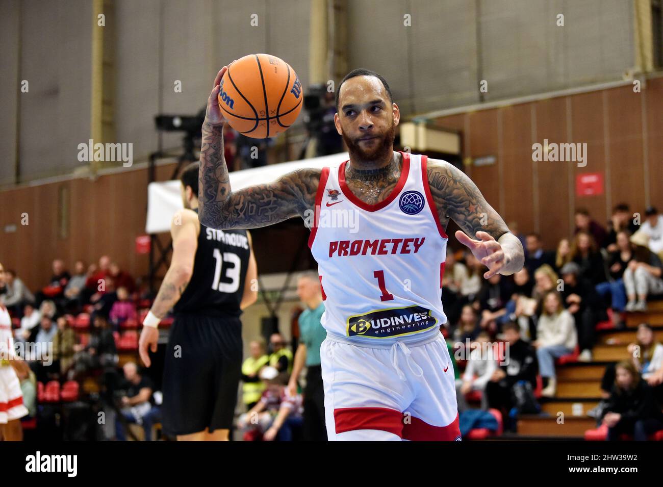 Nymburk, Repubblica Ceca. 03rd Mar 2022. Angelo Harrison di Prometey in azione durante il basket maschile Champions League 2nd round gruppo K gioco Prometey (Ucraina) vs Cluj (Romania) a Nymburk, Repubblica Ceca, 3 marzo 2022. Credit: Josef Vostarek/CTK Photo/Alamy Live News Foto Stock