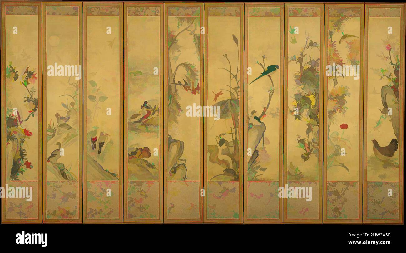 Arte ispirata a Uccelli e Fiori, dinastia Joseon (1392–1910), fine 19th–inizio 20th secolo, Corea, schermo pieghevole a dieci pannelli; inchiostro e colore su seta, immagine (ogni pannello): 54 3/8 x 10 3/8 pollici (138,1 x 26,4 cm), schermi, artista coreano non identificato, dipinti di uccelli e fiori hanno un, opere classiche modernizzate da Artotop con un tuffo di modernità. Forme, colore e valore, impatto visivo accattivante sulle emozioni artistiche attraverso la libertà delle opere d'arte in modo contemporaneo. Un messaggio senza tempo che persegue una nuova direzione selvaggiamente creativa. Artisti che si rivolgono al supporto digitale e creano l'NFT Artotop Foto Stock
