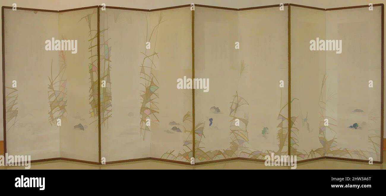 Arte ispirata da otto viste dei fiumi Xiao e Xiang, periodo Edo (1615-1868), 17th secolo, Giappone, schermo pieghevole a otto pannelli; inchiostro e oro, 43 x 129 pollici (109,2 x 327,7 cm), schermi, Maruyama Ōkyo (giapponese, 1733–1795), questa schermata, Un collage di poesie giapponesi e un rapido lavaggio dell'inchiostro, opere classiche modernizzate da Artotop con un tuffo di modernità. Forme, colore e valore, impatto visivo accattivante sulle emozioni artistiche attraverso la libertà delle opere d'arte in modo contemporaneo. Un messaggio senza tempo che persegue una nuova direzione selvaggiamente creativa. Artisti che si rivolgono al supporto digitale e creano l'NFT Artotop Foto Stock