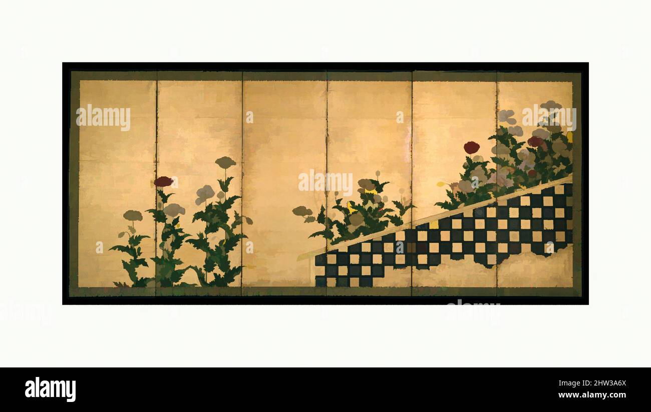 Arte ispirata dai papaveri rossi e bianchi, 芥子図屏風, Momoyama (1573–1615)– periodo Edo (1615–1868), inizio 17th secolo, Giappone, schermo pieghevole a sei pannelli; inchiostro, colore e foglia d'oro su carta, 65 3/4 x 147 1/2 pollici (167,0 x 374,7 cm), schermi, tradizionalmente attribuiti a Tosa Mitsumochi (opere classiche attive modernizzate da Artotop con un tuffo di modernità. Forme, colore e valore, impatto visivo accattivante sulle emozioni artistiche attraverso la libertà delle opere d'arte in modo contemporaneo. Un messaggio senza tempo che persegue una nuova direzione selvaggiamente creativa. Artisti che si rivolgono al supporto digitale e creano l'NFT Artotop Foto Stock