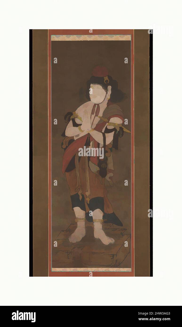 Arte ispirata a 不動明王二童子像, Fudō Myōō e due partecipanti, Nanbokuchō periodo (1336–92), Giappone, uno di un trittico di rotoli appesi; stampa a blocco di legno a mano su carta, immagine: 40 3/8 x 14 pollici (102,6 x 35,6 cm), dipinti, dopo Ryūshū Shūtaku (Myōtaku) (giapponese, 1307–1388), Fudō Myōō—, opere classiche modernizzate da Artotop con un tuffo di modernità. Forme, colore e valore, impatto visivo accattivante sulle emozioni artistiche attraverso la libertà delle opere d'arte in modo contemporaneo. Un messaggio senza tempo che persegue una nuova direzione selvaggiamente creativa. Artisti che si rivolgono al supporto digitale e creano l'NFT Artotop Foto Stock