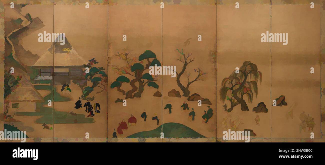 Arte ispirata alla visita reale a Ōhara, dalla storia del Heike, 俵屋宗達工房 大原御幸図屏風, periodo Edo (1615–1868), prima metà del 17th secolo, Giappone, coppia di schermi pieghevoli a sei pannelli; inchiostro e colore su carta, immagine (ogni schermo): 63 7/16 x 143 5/16 pollici. (161,1 x 364 cm), schermi, Studio di, opere classiche modernizzate da Artotop con un tuffo di modernità. Forme, colore e valore, impatto visivo accattivante sulle emozioni artistiche attraverso la libertà delle opere d'arte in modo contemporaneo. Un messaggio senza tempo che persegue una nuova direzione selvaggiamente creativa. Artisti che si rivolgono al supporto digitale e creano l'NFT Artotop Foto Stock
