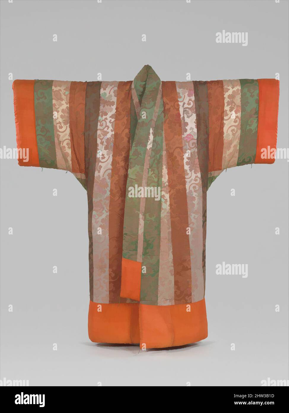 Arte ispirata a 白綸子地牡丹縞模様夜着, Kimono-a forma di Comforter (Yogi) con Peonie e strisce, periodo Meiji (1868-1912), inizio 20th secolo, Giappone, Damasco di seta, ovatta in filo di seta, 75 1/4 x 83 1/2 poll. (191,1 x 212,1 cm), tessuto-tessile, Uno yoga è un comforter imbottito e a forma di kimono, usato, opere classiche modernizzate da Artotop con un tuffo di modernità. Forme, colore e valore, impatto visivo accattivante sulle emozioni artistiche attraverso la libertà delle opere d'arte in modo contemporaneo. Un messaggio senza tempo che persegue una nuova direzione selvaggiamente creativa. Artisti che si rivolgono al supporto digitale e creano l'NFT Artotop Foto Stock