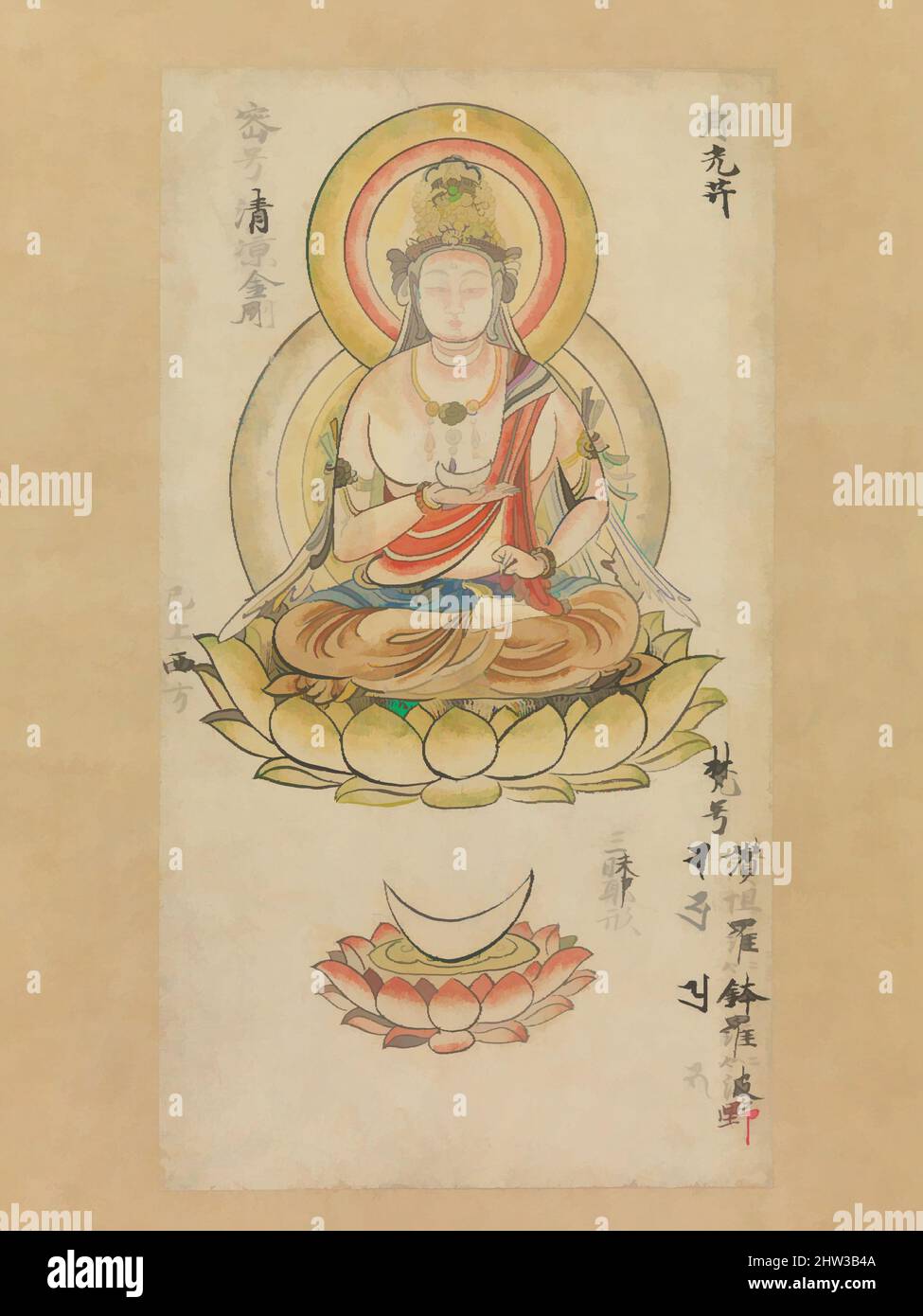 Arte ispirata da 月光菩薩像 「金胎仏画帖」断簡, Gakkō Bosatsu, da “Album delle divinità buddiste dal mondo dei Diamanti e del mondo delle utero Mandalas” (“Kontai butsugajō”), periodo Heian (794–1185), metà del 12th secolo, Giappone, pagina da un libro montato come rotolo appeso; Inchiostro, colore e oro su carta, 10 pollici, opere classiche modernizzate da Artotop con un tuffo di modernità. Forme, colore e valore, impatto visivo accattivante sulle emozioni artistiche attraverso la libertà delle opere d'arte in modo contemporaneo. Un messaggio senza tempo che persegue una nuova direzione selvaggiamente creativa. Artisti che si rivolgono al supporto digitale e creano l'NFT Artotop Foto Stock