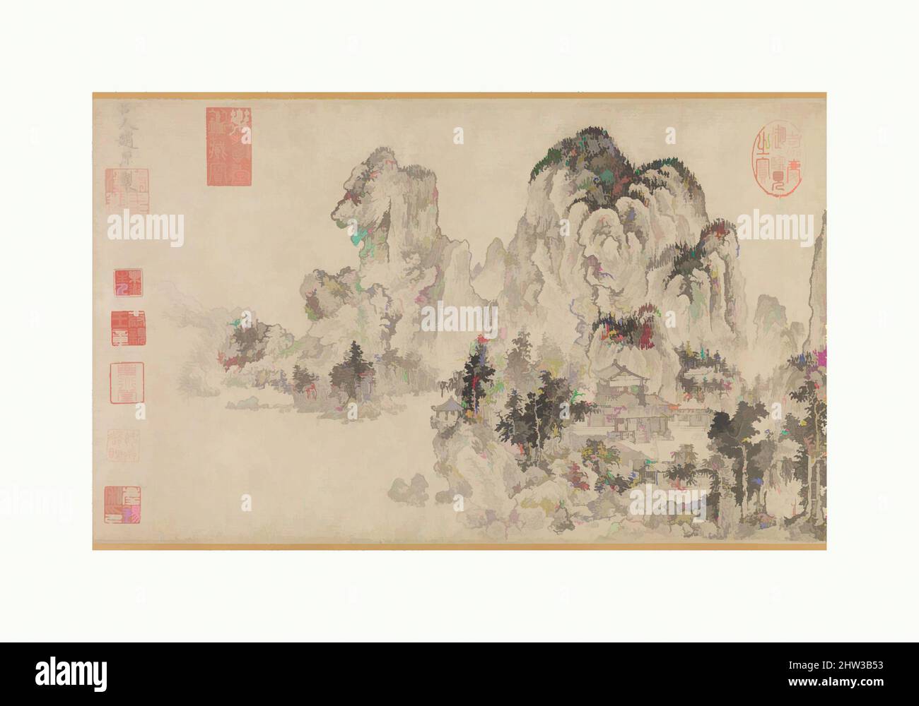 Arte ispirata da 元 趙原 (元) 倣燕文貴范寬山水圖 卷, Paesaggio nello stile di Yan Wengui e Fan Kuan, Yuan (1271–1368) o Ming (1368–1644) dinastia, fine 14th secolo, Cina, Handscroll; inchiostro su carta, Immagine: 9 13/16 x 30 1/2 pollici (24,9 x 77,5 cm), dipinti, Zhao Yuan (cinese, attivo ca. 1350–75, opere classiche modernizzate da Artotop con un tocco di modernità. Forme, colore e valore, impatto visivo accattivante sulle emozioni artistiche attraverso la libertà delle opere d'arte in modo contemporaneo. Un messaggio senza tempo che persegue una nuova direzione selvaggiamente creativa. Artisti che si rivolgono al supporto digitale e creano l'NFT Artotop Foto Stock