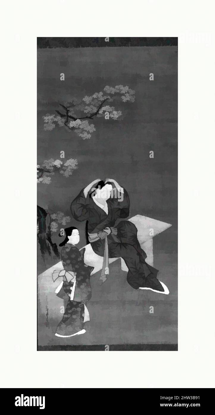 Arte ispirata dalla donna che lega i suoi capelli e Attendant sotto albero di ciliegia fiorente, periodo Edo (1615–1868), 18th secolo, Giappone, Hanging scroll; inchiostro e colore su seta, 24 7/8 x 10 11/16 pollici (63,2 x 27,1 cm), dipinti, nello stile di Miyagawa Chōshun (giapponese, 1683–1753, opere classiche modernizzate da Artotop con un tuffo di modernità. Forme, colore e valore, impatto visivo accattivante sulle emozioni artistiche attraverso la libertà delle opere d'arte in modo contemporaneo. Un messaggio senza tempo che persegue una nuova direzione selvaggiamente creativa. Artisti che si rivolgono al supporto digitale e creano l'NFT Artotop Foto Stock