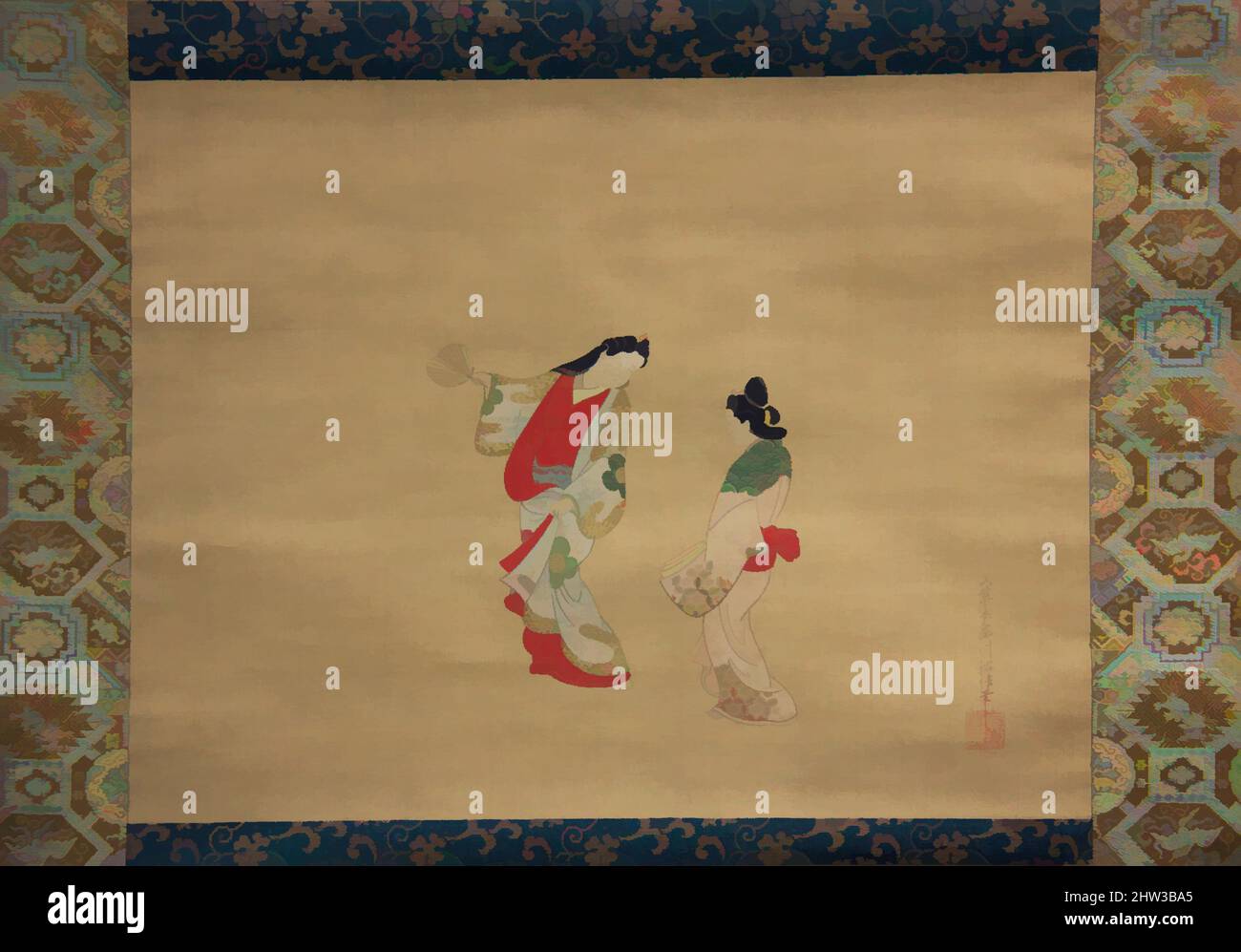 Arte ispirata da Donna e Attendant, periodo Edo (1615-1868), 18th secolo, Giappone, Hanging scroll; Inchiostro e colore su seta, immagine: 11 1/4 x 14 3/4 pollici (28,6 x 37,5 cm), dipinti, Nishikawa Sukenobu (giapponese, 1671–1750, opere classiche modernizzate da Artotop con un tuffo di modernità. Forme, colore e valore, impatto visivo accattivante sulle emozioni artistiche attraverso la libertà delle opere d'arte in modo contemporaneo. Un messaggio senza tempo che persegue una nuova direzione selvaggiamente creativa. Artisti che si rivolgono al supporto digitale e creano l'NFT Artotop Foto Stock