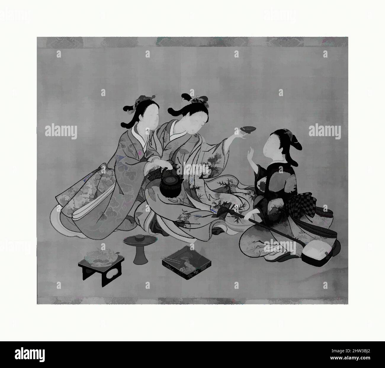Arte ispirata a tre ragazze che hanno tè, Edo periodo (1615-1868), 19th secolo, Giappone, Hanging scroll; inchiostro e colore su seta, 21 1/2 x 25 pollici (54,6 x 63,5 cm), dipinti, Nishikawa Sukenobu (giapponese, 1671–1750, opere classiche modernizzate da Artotop con un tuffo di modernità. Forme, colore e valore, impatto visivo accattivante sulle emozioni artistiche attraverso la libertà delle opere d'arte in modo contemporaneo. Un messaggio senza tempo che persegue una nuova direzione selvaggiamente creativa. Artisti che si rivolgono al supporto digitale e creano l'NFT Artotop Foto Stock