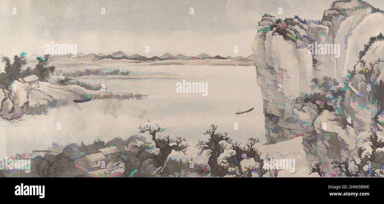 Arte ispirata da 清, 王翬, 倣巨然燕文貴山水圖, 卷, Paesaggio nello stile di Juran e Yan Wengui, dinastia Qing (1644-1911), datata 1713, Cina, Handscroll; Inchiostro e colore su carta, immagine: 12 1/4 x 158 3/8 pollici (31,1 x 402,3 cm), dipinti, Wang Hui (cinese, 1632–1717), all'età di ottanta anni, Wang Hui, opere classiche modernizzate da Artotop con un tuffo di modernità. Forme, colore e valore, impatto visivo accattivante sulle emozioni artistiche attraverso la libertà delle opere d'arte in modo contemporaneo. Un messaggio senza tempo che persegue una nuova direzione selvaggiamente creativa. Artisti che si rivolgono al supporto digitale e creano l'NFT Artotop Foto Stock