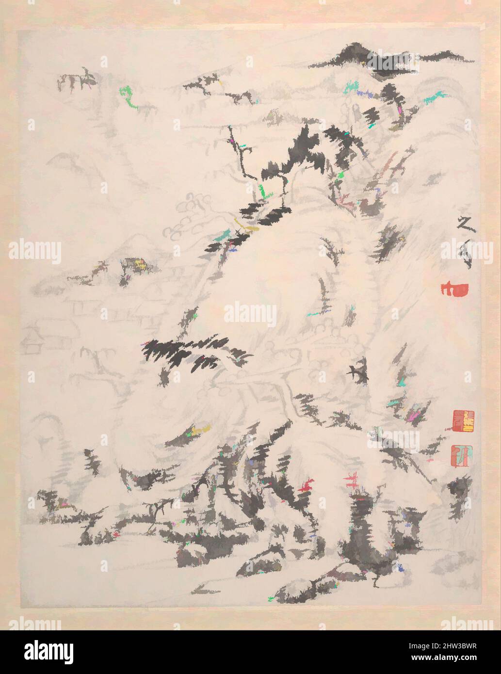 Art Inspired by 清, 朱耷 (八大山人), 山水圖, 冊, Landscape album, Dinastia Qing (1644–1911), datata 1699, Cina, Album di dodici foglie; inchiostro e colore su carta, immagine (ciascuno): 7 3/8 x 9 1/8 pollici (18,7 x 23,2 cm), dipinti, Bada Shanren (Zhu da) (cinese, 1626–1705), un sciatore di un ramo del Ming, opere classiche modernizzate da Artotop con un tuffo di modernità. Forme, colore e valore, impatto visivo accattivante sulle emozioni artistiche attraverso la libertà delle opere d'arte in modo contemporaneo. Un messaggio senza tempo che persegue una nuova direzione selvaggiamente creativa. Artisti che si rivolgono al supporto digitale e creano l'NFT Artotop Foto Stock