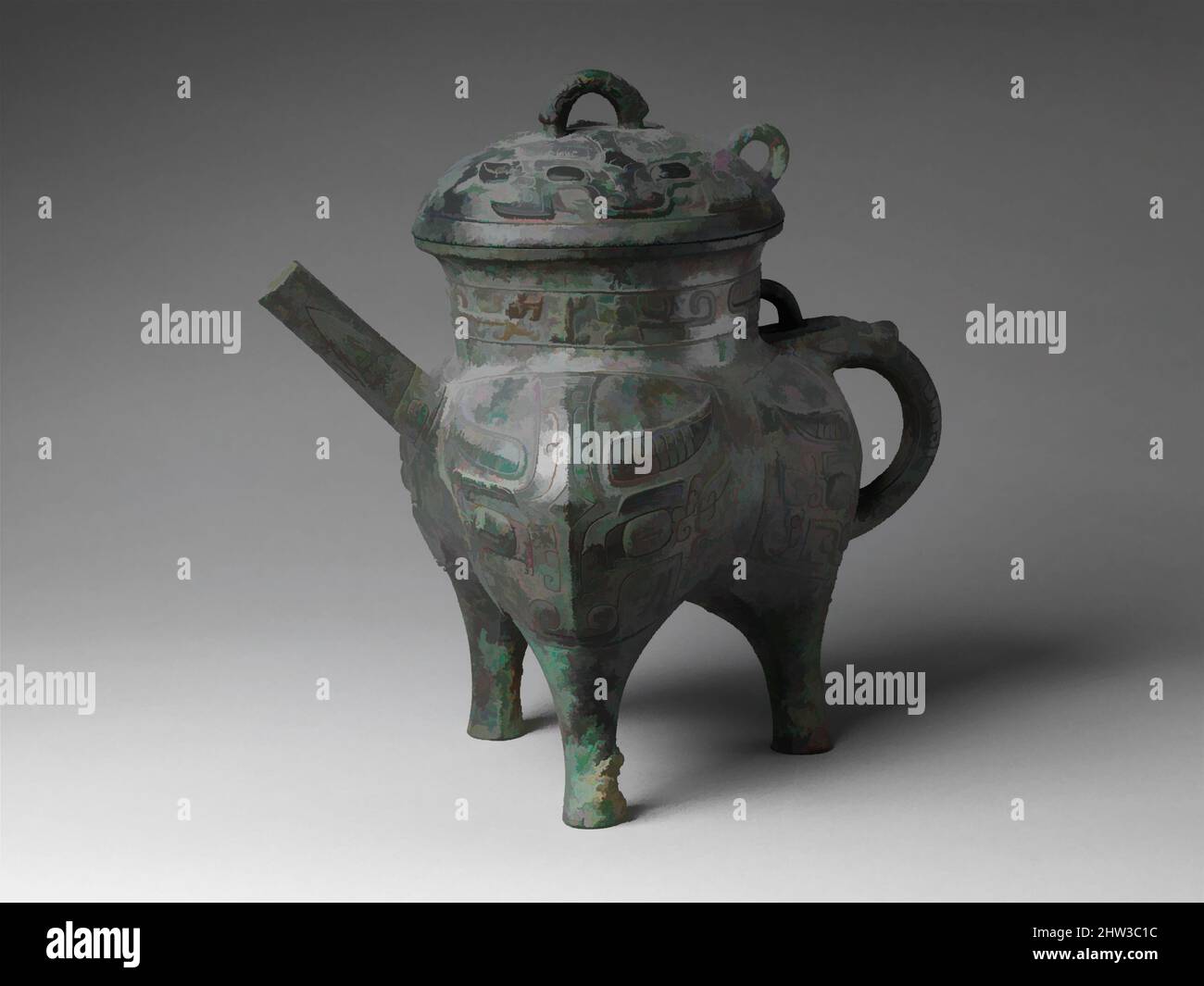 Arte ispirata da 西周 青銅盉, Spouted Wine Vessel (HE), Western Zhou dinastia (1046–771 a.C.), fine 11th–inizio 10th secolo a.C., Cina, Bronzo, H. 12 1/2 pollici. (31,8 cm); W. 8 1/2" (21,6 cm); D. 12 1/2" (31,8 cm), lavorazione del metallo, i motivi animali sulla maggior parte dei bronzi Shang e Zhou occidentale sono, opere classiche modernizzate da Artotop con un tuffo di modernità. Forme, colore e valore, impatto visivo accattivante sulle emozioni artistiche attraverso la libertà delle opere d'arte in modo contemporaneo. Un messaggio senza tempo che persegue una nuova direzione selvaggiamente creativa. Artisti che si rivolgono al supporto digitale e creano l'NFT Artotop Foto Stock