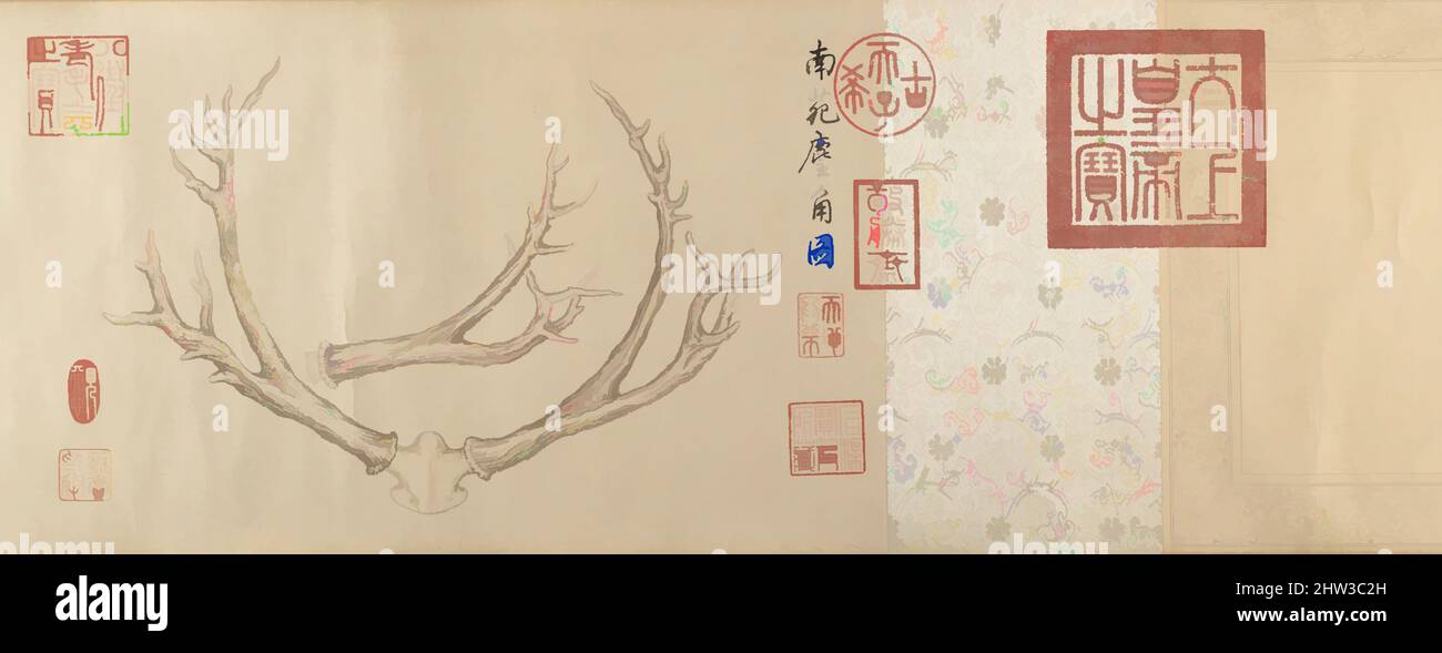 Arte ispirata da 清 弘曆(乾隆皇帝) 鹿角雙幅 卷, due dipinti di Deer Antlers, dinastia Qing (1644–1911), datata 1762 e 1767, Cina, due rotoli di mano; inchiostro e colore su carta, a: 9 3/4 x 81 1/4 pollici. (24,8 x 206,4 cm), dipinti, imperatore Qianlong (cinese, (1711–1799; r. 1736–95)), l'imperatore Qianlong, opere classiche modernizzate da Artotop con un tuffo di modernità. Forme, colore e valore, impatto visivo accattivante sulle emozioni artistiche attraverso la libertà delle opere d'arte in modo contemporaneo. Un messaggio senza tempo che persegue una nuova direzione selvaggiamente creativa. Artisti che si rivolgono al supporto digitale e creano l'NFT Artotop Foto Stock
