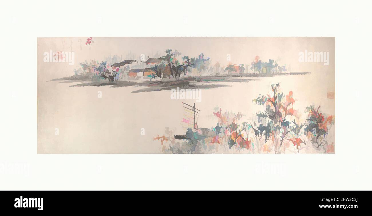 Arte ispirata a 清 虛谷, 秋帆圖, 冊頁, vela in autunno, dinastia Qing (1644–1911), Datato 1893, Cina, foglio dell'album; inchiostro e colore su carta, 14 1/8 x 35 7/8 pollici (35,9 x 91,1 cm), dipinti, Xu GU (cinese, 1823–1896), Zhu Xubai si unì all'esercito imperiale nel 1851, ma, trovando che le sue simpatie, opere classiche modernizzate da Artotop con un tuffo di modernità. Forme, colore e valore, impatto visivo accattivante sulle emozioni artistiche attraverso la libertà delle opere d'arte in modo contemporaneo. Un messaggio senza tempo che persegue una nuova direzione selvaggiamente creativa. Artisti che si rivolgono al supporto digitale e creano l'NFT Artotop Foto Stock