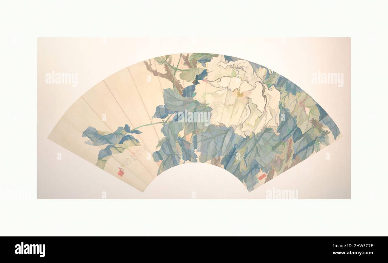 Arte ispirata da 近代, 金城, 牡丹, 扇面, Peony, Inizio 20th secolo, Cina, ventola pieghevole montato come una foglia album; inchiostro e colore su carta allume, 8 3/8 x 26 7/8 pollici. (21,3 x 68,3 cm), dipinti, Jin Cheng (cinese, 1878–1926), Jin Cheng come altri della sua generazione, ha colto l'opportunità di studiare, opere classiche modernizzate da Artotop con un tuffo di modernità. Forme, colore e valore, impatto visivo accattivante sulle emozioni artistiche attraverso la libertà delle opere d'arte in modo contemporaneo. Un messaggio senza tempo che persegue una nuova direzione selvaggiamente creativa. Artisti che si rivolgono al supporto digitale e creano l'NFT Artotop Foto Stock