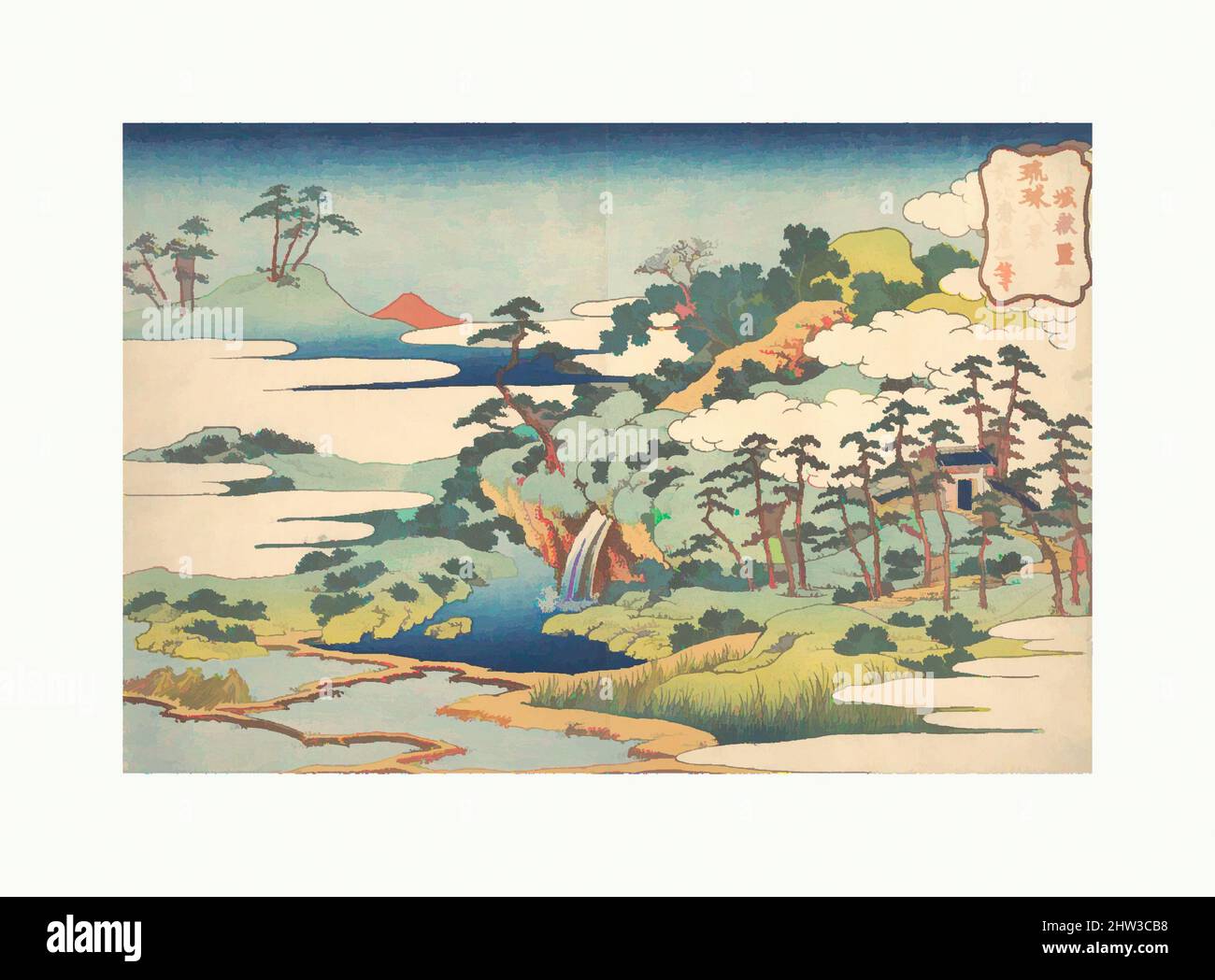 Arte ispirata da 琉球八景 城嶽霊泉, la Sacra Primavera a Jōgaku (Jōgaku reisen), dalla serie otto viste delle Isole Ryūkyū (Ryūkyū hakkei), periodo Edo (1615–1868), ca. 1832, Giappone, stampa a blocchi di legno policromi; inchiostro e colore su carta, 9 7/8 x 14 5/8 pollici (25,1 x 37,1 cm), stampe, opere classiche modernizzate da Artotop con un tuffo di modernità. Forme, colore e valore, impatto visivo accattivante sulle emozioni artistiche attraverso la libertà delle opere d'arte in modo contemporaneo. Un messaggio senza tempo che persegue una nuova direzione selvaggiamente creativa. Artisti che si rivolgono al supporto digitale e creano l'NFT Artotop Foto Stock
