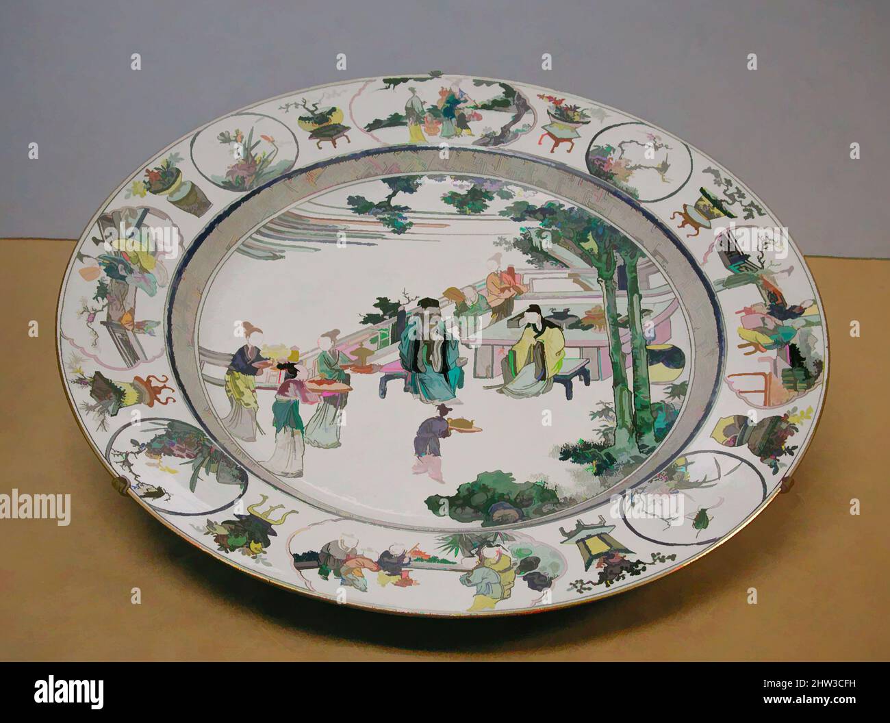 Piastra con scena di offerta omaggio, dinastia Qing (1644-1911), periodo Yongzheng (1723-35), l'inizio del XVIII secolo, Cina, porcellana dipinta con smalti colorati sul biscotto (Jingdezhen ware), H. 3 1/4 in. (8.3 cm); Diam. 21 7/8 in. (55,6 cm), ceramica, le immagini su questo piatto di grandi dimensioni è stato probabilmente sulla base di simili scene trovati in woodblock stampe e libri, ampiamente disponibile in Cina dopo il sedicesimo secolo. Foto Stock
