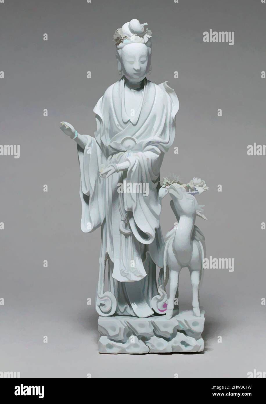 Arte ispirata al Magu immortale con un cervo, dinastia Qing (1644–1911), fine 19th–inizio 20th secolo, Cina, porcellane con glassa trasparente (Dehua ware, provincia Fujian), H. 15 1/2 in. (39,4 cm); W. 5" (12,7 cm); D. 4" (10,2 cm), Ceramica, su Xuejin (1869–1919), il sigillo quadrato, opere classiche modernizzate da Artotop con un tuffo di modernità. Forme, colore e valore, impatto visivo accattivante sulle emozioni artistiche attraverso la libertà delle opere d'arte in modo contemporaneo. Un messaggio senza tempo che persegue una nuova direzione selvaggiamente creativa. Artisti che si rivolgono al supporto digitale e creano l'NFT Artotop Foto Stock