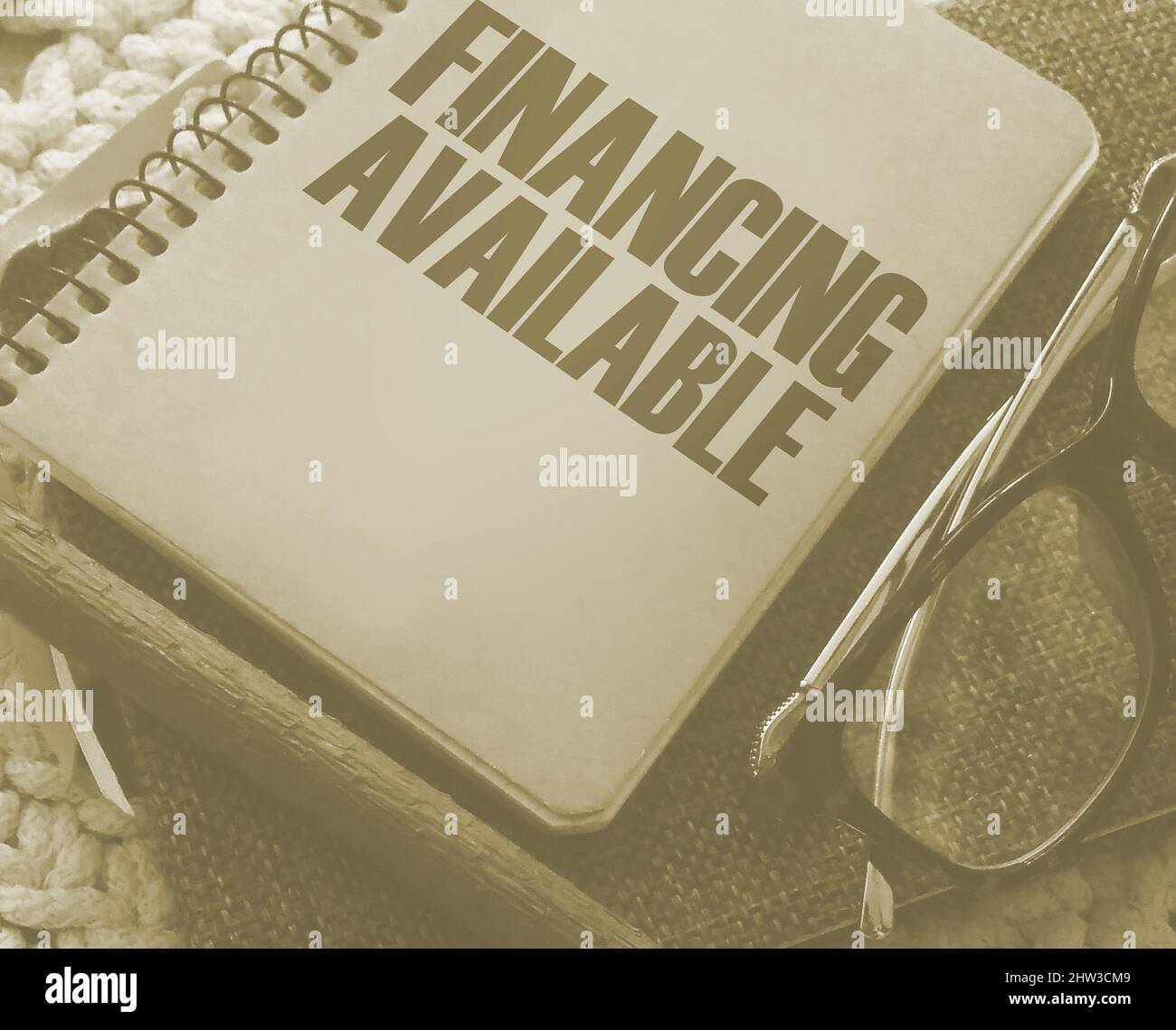 Parole finanziarie disponibili sulla copertina su notebook, occhiali e penna. Concetto di affari per il piano di soldi di reddito. Foto Stock