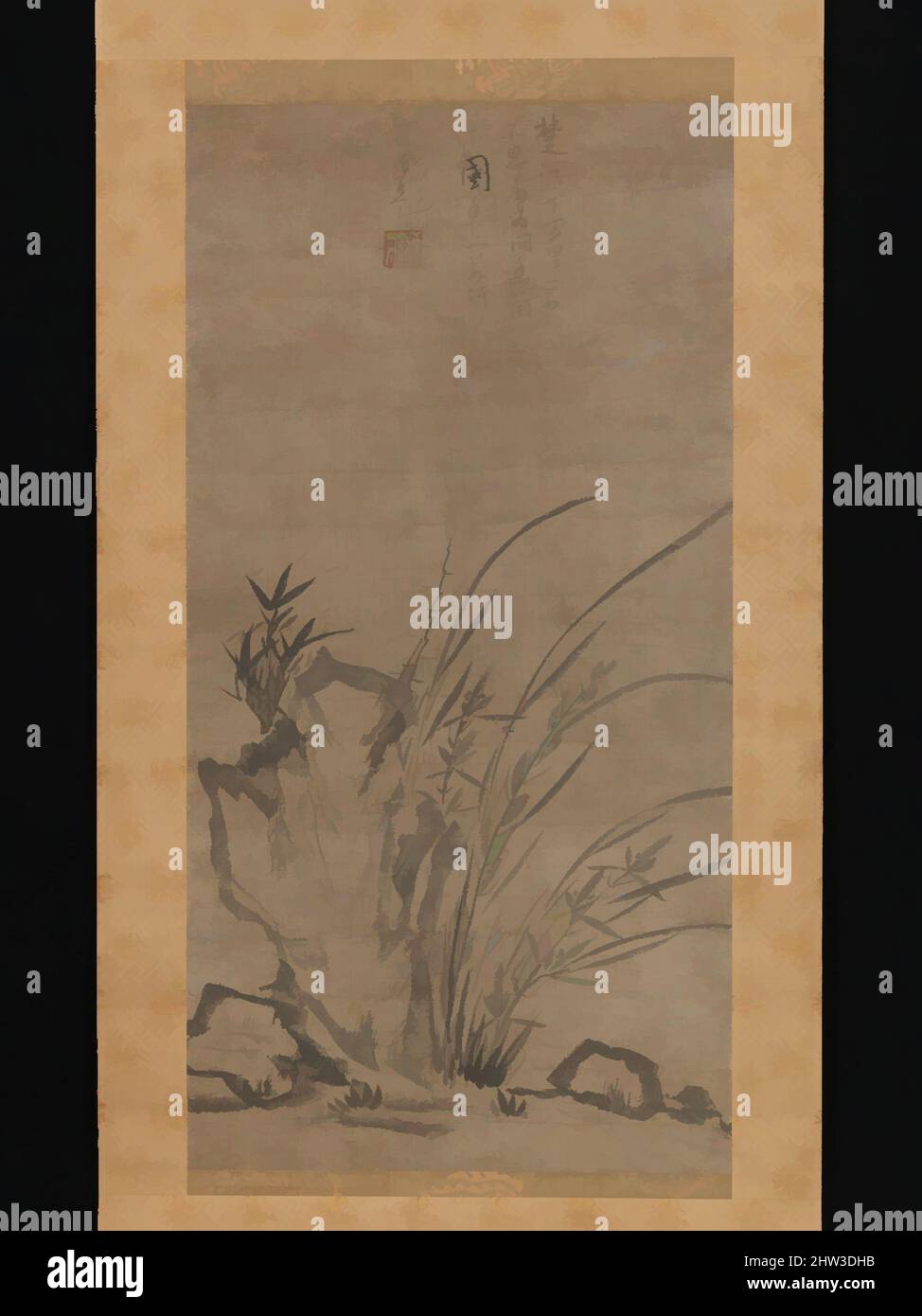 Arte ispirata da 蘭竹図, Orchidee, Bamboo, Briars, e rocce, Nanbokuchō periodo (1336–92), metà del 14th secolo, Giappone, Hanging scroll; inchiostro su carta, Immagine: 28 3/8 x 14 1/2" (72 x 36,8 cm), dipinti, Tesshū Tokusai (giapponese, morto nel 1366), nel Giappone medievale, Dipinti a inchiostro che combinavano, opere classiche modernizzate da Artotop con un tuffo di modernità. Forme, colore e valore, impatto visivo accattivante sulle emozioni artistiche attraverso la libertà delle opere d'arte in modo contemporaneo. Un messaggio senza tempo che persegue una nuova direzione selvaggiamente creativa. Artisti che si rivolgono al supporto digitale e creano l'NFT Artotop Foto Stock