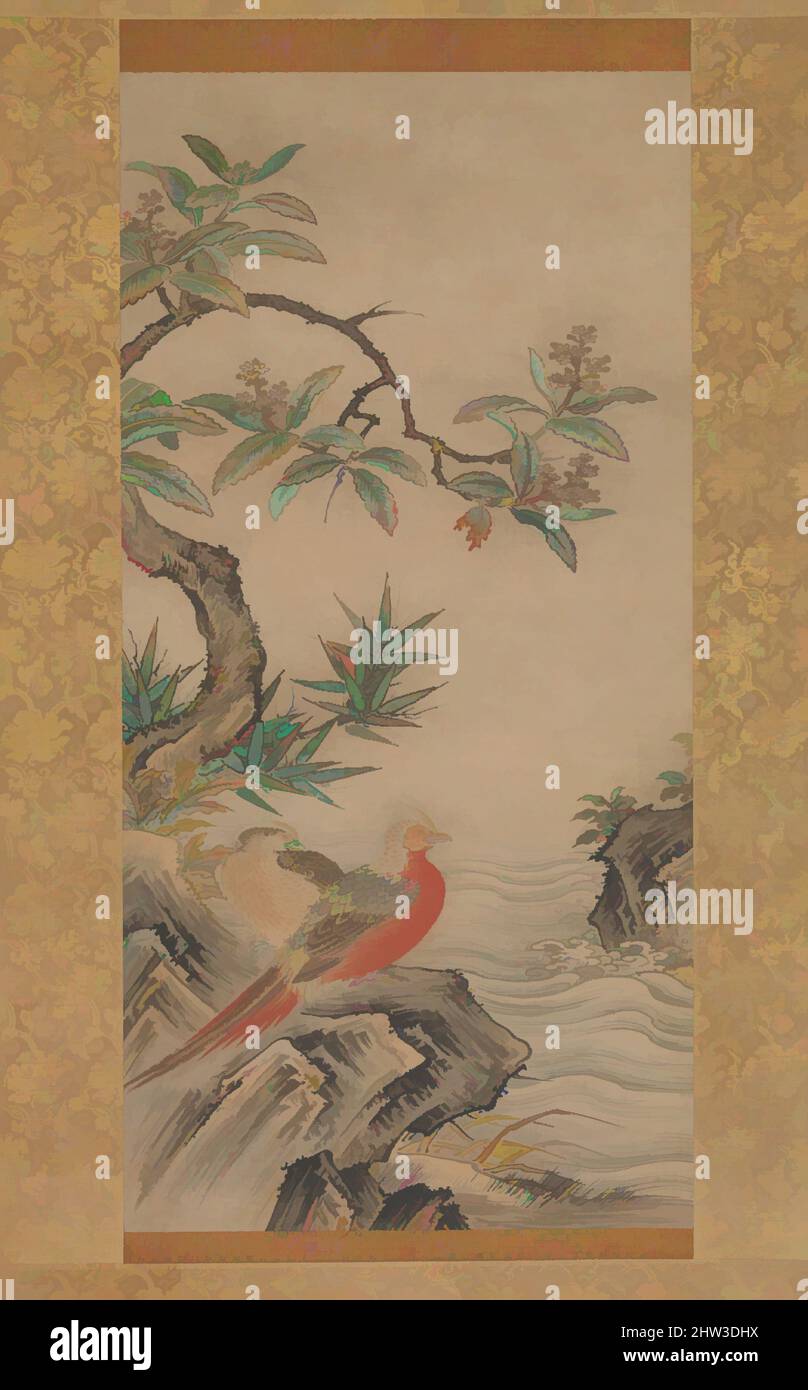 Arte ispirata da 四季花鳥図, fagi tra alberi: Fiori delle quattro stagioni, Muromachi (1392–1573), probabilmente 1560s, Giappone, coppia di rotoli appesi; inchiostro e colore su carta, immagine (a): 37 3/8 x 18 3/8 pollici. (95 x 46,6 cm), dipinti, Kano Shōei (giapponese, 1519–1592), paia di fagiani, Opere classiche modernizzate da Artotop con un tocco di modernità. Forme, colore e valore, impatto visivo accattivante sulle emozioni artistiche attraverso la libertà delle opere d'arte in modo contemporaneo. Un messaggio senza tempo che persegue una nuova direzione selvaggiamente creativa. Artisti che si rivolgono al supporto digitale e creano l'NFT Artotop Foto Stock