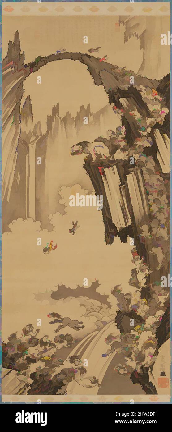 Arte ispirata da 天台山石橋図, Lions al Ponte di pietra del Monte Tiantai, periodo Edo (1615-1868), 1779, Giappone, Hanging scroll; Inchiostro su seta, immagine: 44 7/8" x 20 poll. (114 x 50,8 cm), dipinti, Soga Shōhaku (giapponese, 1730–1781), inscritto da Gazan Yō Nansō (giapponese, 1727–1797), questo, opere classiche modernizzate da Artotop con un tuffo di modernità. Forme, colore e valore, impatto visivo accattivante sulle emozioni artistiche attraverso la libertà delle opere d'arte in modo contemporaneo. Un messaggio senza tempo che persegue una nuova direzione selvaggiamente creativa. Artisti che si rivolgono al supporto digitale e creano l'NFT Artotop Foto Stock