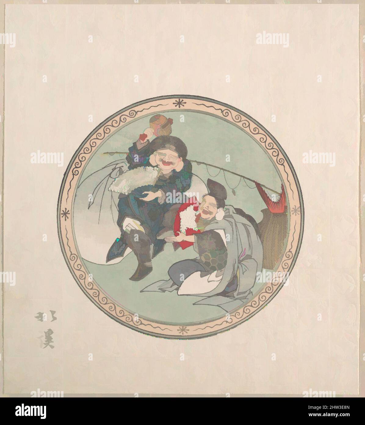 Arte ispirata da Ebisu e Daikoku; due dei sette della buona fortuna, Edo Period (1615–1868), 19th Century, Giappone, parte di un album di stampe a blocchi di legno (surimono); inchiostro e colore su carta, 7 15/16 x 7 1/4 pollici. (20,2 x 18,4 cm), stampe, Totoya Hokkei (giapponese, 1780–1850, opere classiche modernizzate da Artotop con un tuffo di modernità. Forme, colore e valore, impatto visivo accattivante sulle emozioni artistiche attraverso la libertà delle opere d'arte in modo contemporaneo. Un messaggio senza tempo che persegue una nuova direzione selvaggiamente creativa. Artisti che si rivolgono al supporto digitale e creano l'NFT Artotop Foto Stock