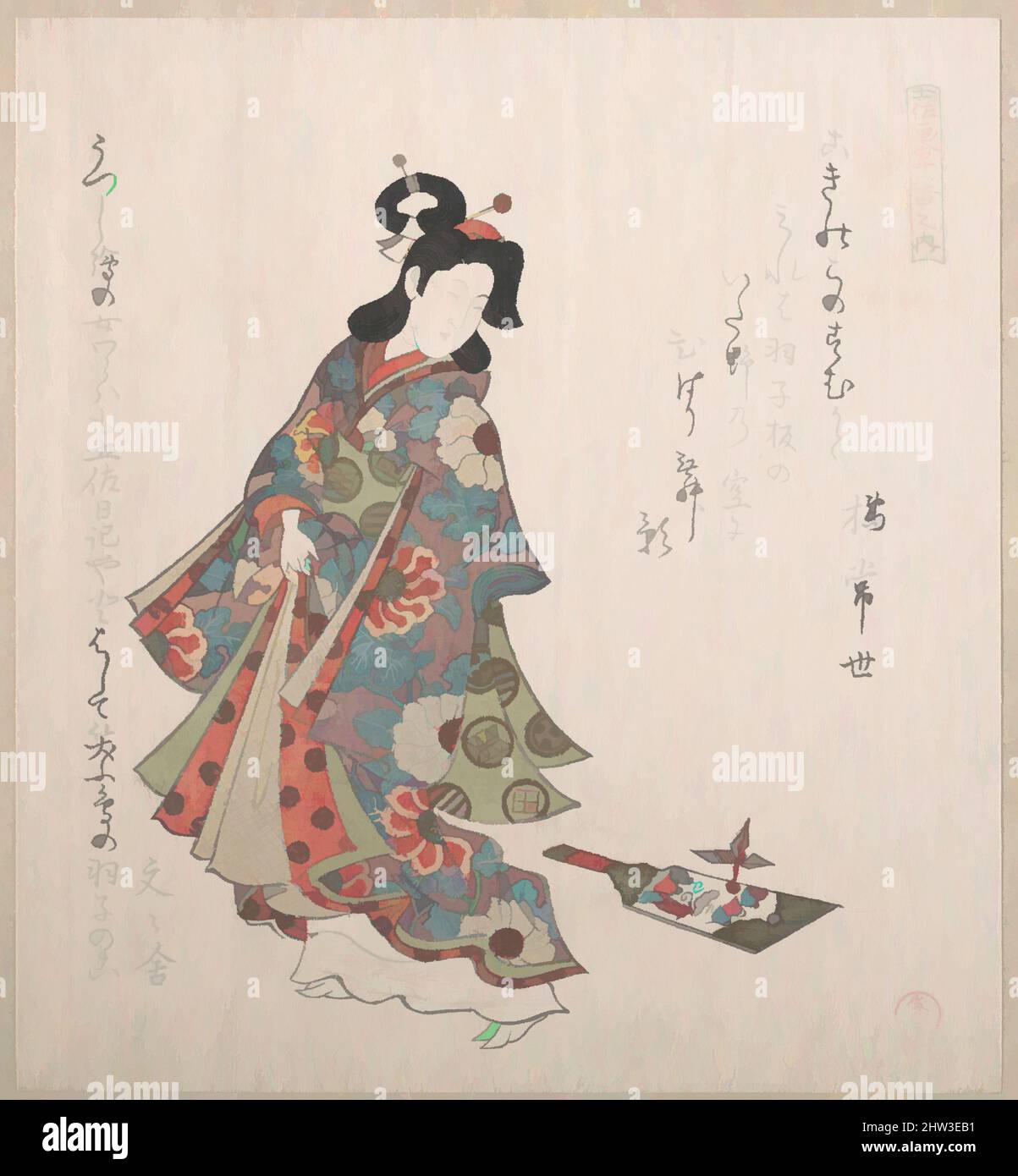 Art Inspired by Girl and a Hagoita (Japanese Battledore and Shuttlecock), probabilmente 1815, Giappone, parte di un album di stampe a blocchi di legno (surimono); inchiostro e colore su carta, 7 15/16 x 7 1/4 pollici. (20,2 x 18,4 cm), Prints, Kubo Shunman (Giapponese, 1757–1820, opere classiche modernizzate da Artotop con un tuffo di modernità. Forme, colore e valore, impatto visivo accattivante sulle emozioni artistiche attraverso la libertà delle opere d'arte in modo contemporaneo. Un messaggio senza tempo che persegue una nuova direzione selvaggiamente creativa. Artisti che si rivolgono al supporto digitale e creano l'NFT Artotop Foto Stock