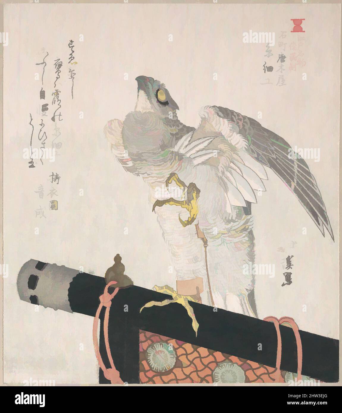 Arte ispirata da Hawk Made of Silk; specialità di Karakiya a Kokucho, periodo Edo (1615–1868), 19th secolo, Giappone, parte di un album di stampe a blocchi di legno (surimono); inchiostro e colore su carta, 8 1/8 x 7 1/8 pollici. (20,6 x 18,1 cm), stampe, Totoya Hokkei (giapponese, 1780–1850, opere classiche modernizzate da Artotop con un tuffo di modernità. Forme, colore e valore, impatto visivo accattivante sulle emozioni artistiche attraverso la libertà delle opere d'arte in modo contemporaneo. Un messaggio senza tempo che persegue una nuova direzione selvaggiamente creativa. Artisti che si rivolgono al supporto digitale e creano l'NFT Artotop Foto Stock