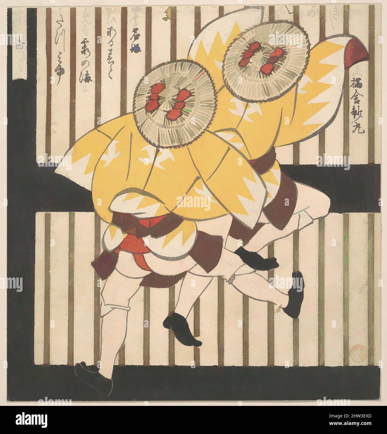 Arte ispirata a due uomini che indossano cappotti gialli e cappellini a  paglia con archi rossi, Edo Period (1615–1868), 1840, Giappone, stampa in  blocchi di legno policromi (surimono); inchiostro e colore su