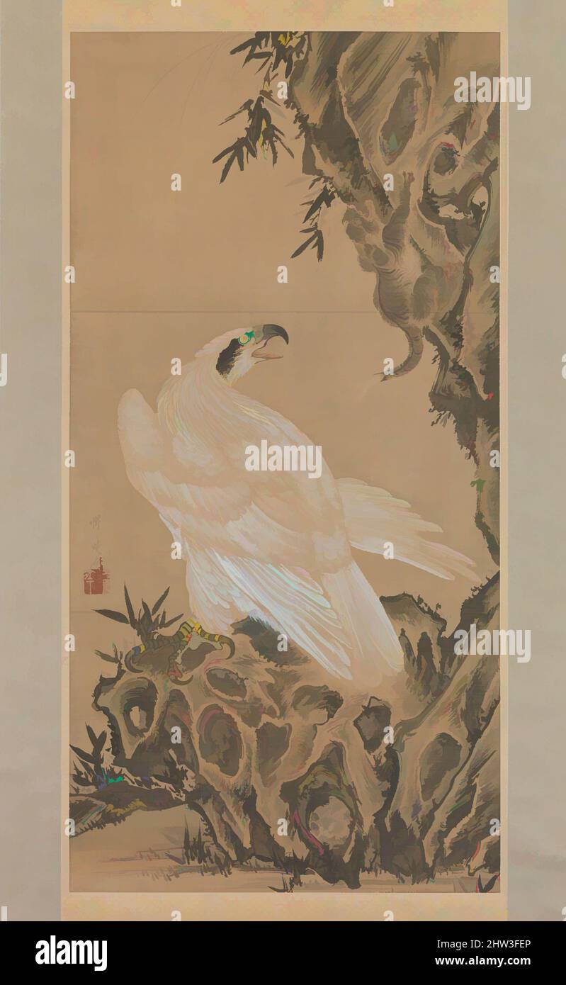 Arte ispirata da White Eagle Eyeeing a Mountain Lion, Meiji Period (1868–1912), 1885, Giappone, Hanging Scroll; Inchiostro e colore su carta, immagine: 65 1/2 x 33 pollici (166,4 x 83,8 cm), dipinti, Kawanabe Kyōsai (giapponese, 1831–1889), in questo insieme di quattro grandi dipinti, raffiguranti le feroci, opere classiche modernizzate da Artotop con un tuffo di modernità. Forme, colore e valore, impatto visivo accattivante sulle emozioni artistiche attraverso la libertà delle opere d'arte in modo contemporaneo. Un messaggio senza tempo che persegue una nuova direzione selvaggiamente creativa. Artisti che si rivolgono al supporto digitale e creano l'NFT Artotop Foto Stock