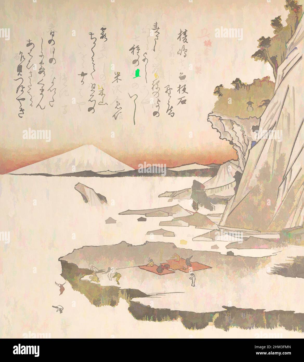Arte ispirata alla storia di Kamakura: Isola Enoshima, periodo Edo (1615–1868), 19th secolo, Giappone, stampa a blocchi di legno policromi (surimono); inchiostro e colore su carta, 7 15/16 x 7 1/4 pollici (20,2 x 18,4 cm), stampe, Totoya Hokkei (giapponese, 1780–1850, opere classiche modernizzate da Artotop con un tuffo di modernità. Forme, colore e valore, impatto visivo accattivante sulle emozioni artistiche attraverso la libertà delle opere d'arte in modo contemporaneo. Un messaggio senza tempo che persegue una nuova direzione selvaggiamente creativa. Artisti che si rivolgono al supporto digitale e creano l'NFT Artotop Foto Stock