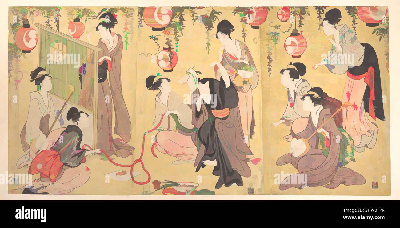 Arte ispirata da Una parodia di Yuranosuke nei quartieri del piacere, periodo Edo (1615–1868), ca. 1797, Giappone, Trittico di stampe policrome a blocchi di legno; inchiostro e colore su carta, 14 3/8 x 30 pollici (36,5 x 76,2cm), stampe, Chōbunsai Eishi (giapponese, 1756–1829), Eishi, Nato da una famiglia di samurai, Classic opere modernizzate da Artotop con un tuffo di modernità. Forme, colore e valore, impatto visivo accattivante sulle emozioni artistiche attraverso la libertà delle opere d'arte in modo contemporaneo. Un messaggio senza tempo che persegue una nuova direzione selvaggiamente creativa. Artisti che si rivolgono al supporto digitale e creano l'NFT Artotop Foto Stock