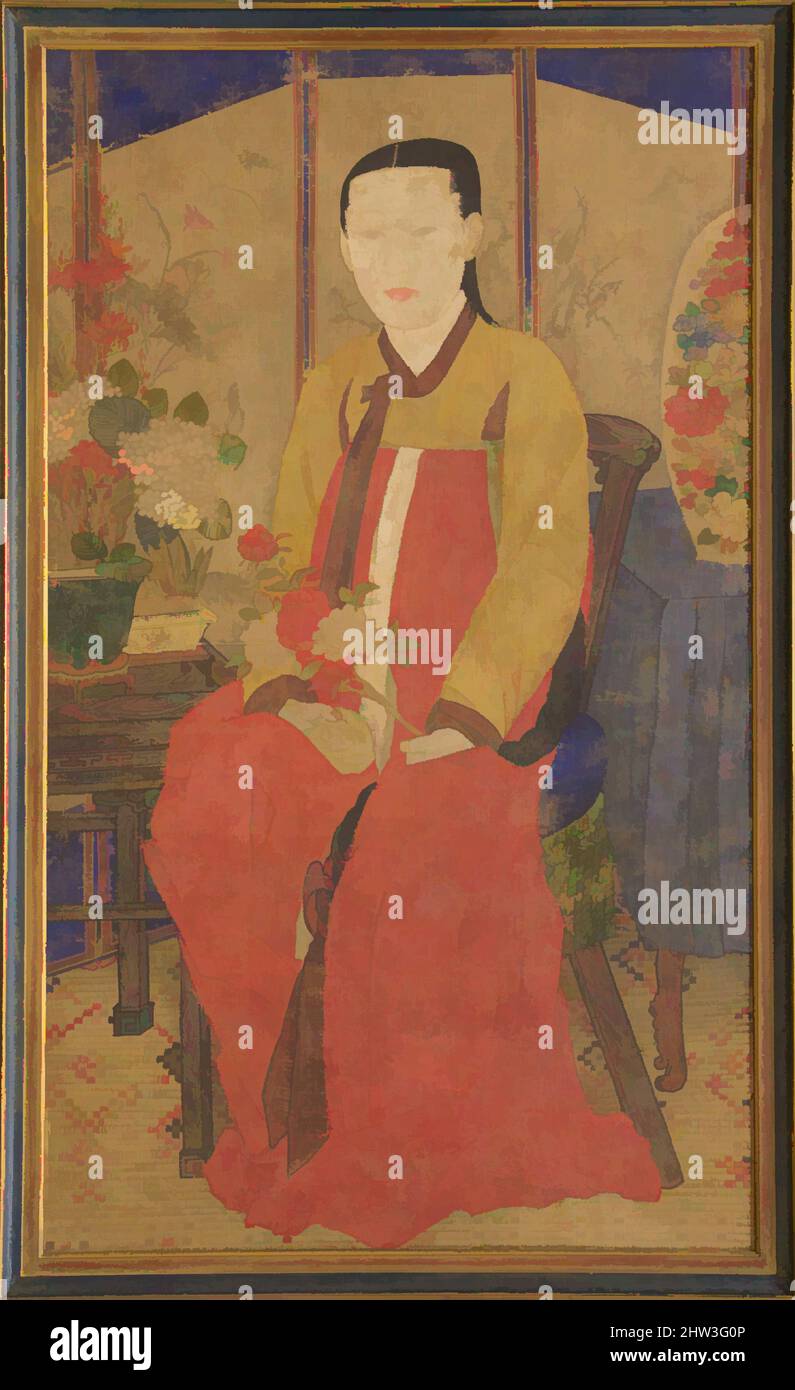 Arte ispirata dal Ritratto di una donna, dinastia Joseon (1392-1910), inizio 20th secolo (ca. 1920–40), Corea, quadro; inchiostro e colore su seta, 33 3/4 x 20 1/2 pollici (85,7 x 52,1 cm), dipinti, artista non identificato, come nel Ritratto di uno Scholar di Chae Yongsin, il soggetto qui—a, opere classiche modernizzate da Artotop con un tuffo di modernità. Forme, colore e valore, impatto visivo accattivante sulle emozioni artistiche attraverso la libertà delle opere d'arte in modo contemporaneo. Un messaggio senza tempo che persegue una nuova direzione selvaggiamente creativa. Artisti che si rivolgono al supporto digitale e creano l'NFT Artotop Foto Stock