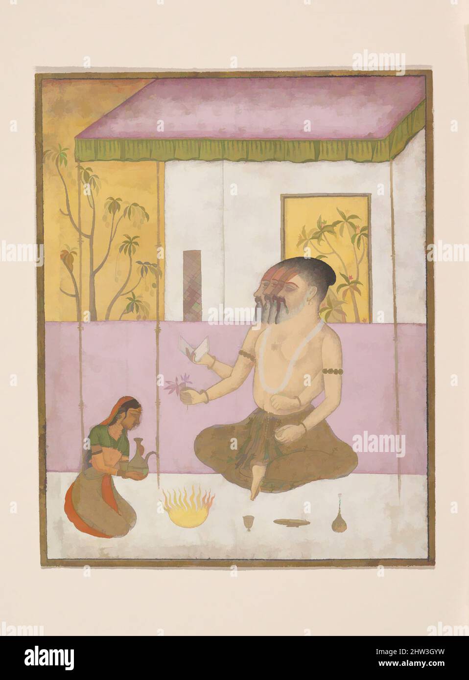 Arte ispirata a Khambhavati Ragini: Folio di una serie di ragamala (Garland delle modalità musicali), ca. 1675, India (Rajasthan, Bikaner), inchiostro, acquerello opaco, e oro su carta, 6 1/4 x 5 pollici (15,9 x 12,7 cm), dipinti, qui una mendicante femminile fa un fuoco vedico offrendo al dio Brahma, opere classiche modernizzate da Artotop con un tuffo di modernità. Forme, colore e valore, impatto visivo accattivante sulle emozioni artistiche attraverso la libertà delle opere d'arte in modo contemporaneo. Un messaggio senza tempo che persegue una nuova direzione selvaggiamente creativa. Artisti che si rivolgono al supporto digitale e creano l'NFT Artotop Foto Stock