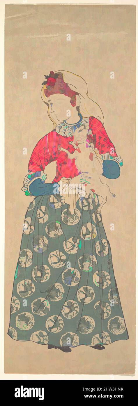Arte ispirata da Dutch Woman Holding a Dog, periodo Edo (1615–1868), prima metà del 19th secolo, Giappone, stampa in blocchi di legno policromi; inchiostro e colore su carta, immagine: 17 1/16 x 6 1/8 pollici (43,3 x 15,6 cm), stampe, artista non identificato, questa stampa non è stata prodotta a Yokohama ma piuttosto in, opere classiche modernizzate da Artotop con un tuffo di modernità. Forme, colore e valore, impatto visivo accattivante sulle emozioni artistiche attraverso la libertà delle opere d'arte in modo contemporaneo. Un messaggio senza tempo che persegue una nuova direzione selvaggiamente creativa. Artisti che si rivolgono al supporto digitale e creano l'NFT Artotop Foto Stock