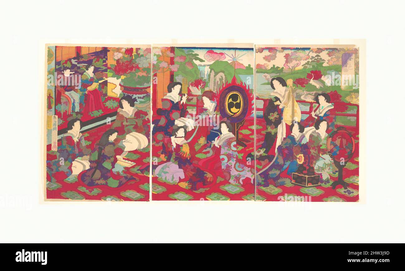 Arte ispirata da Shunshoku, Onkyoku no Shirabe, Primavera scenario; Melody of a Musical Performance, 1877? (La macchia d'inchiostro rende la data parzialmente illeggibile), Giappone, Trittico di stampe in blocchi di legno policromi; inchiostro e colore su carta, 14 1/2 x 28 5/8 pollici (36,8 x 72,7 cm), stampe, Utagawa Fusatane (, opere classiche modernizzate da Artotop con un tuffo di modernità. Forme, colore e valore, impatto visivo accattivante sulle emozioni artistiche attraverso la libertà delle opere d'arte in modo contemporaneo. Un messaggio senza tempo che persegue una nuova direzione selvaggiamente creativa. Artisti che si rivolgono al supporto digitale e creano l'NFT Artotop Foto Stock