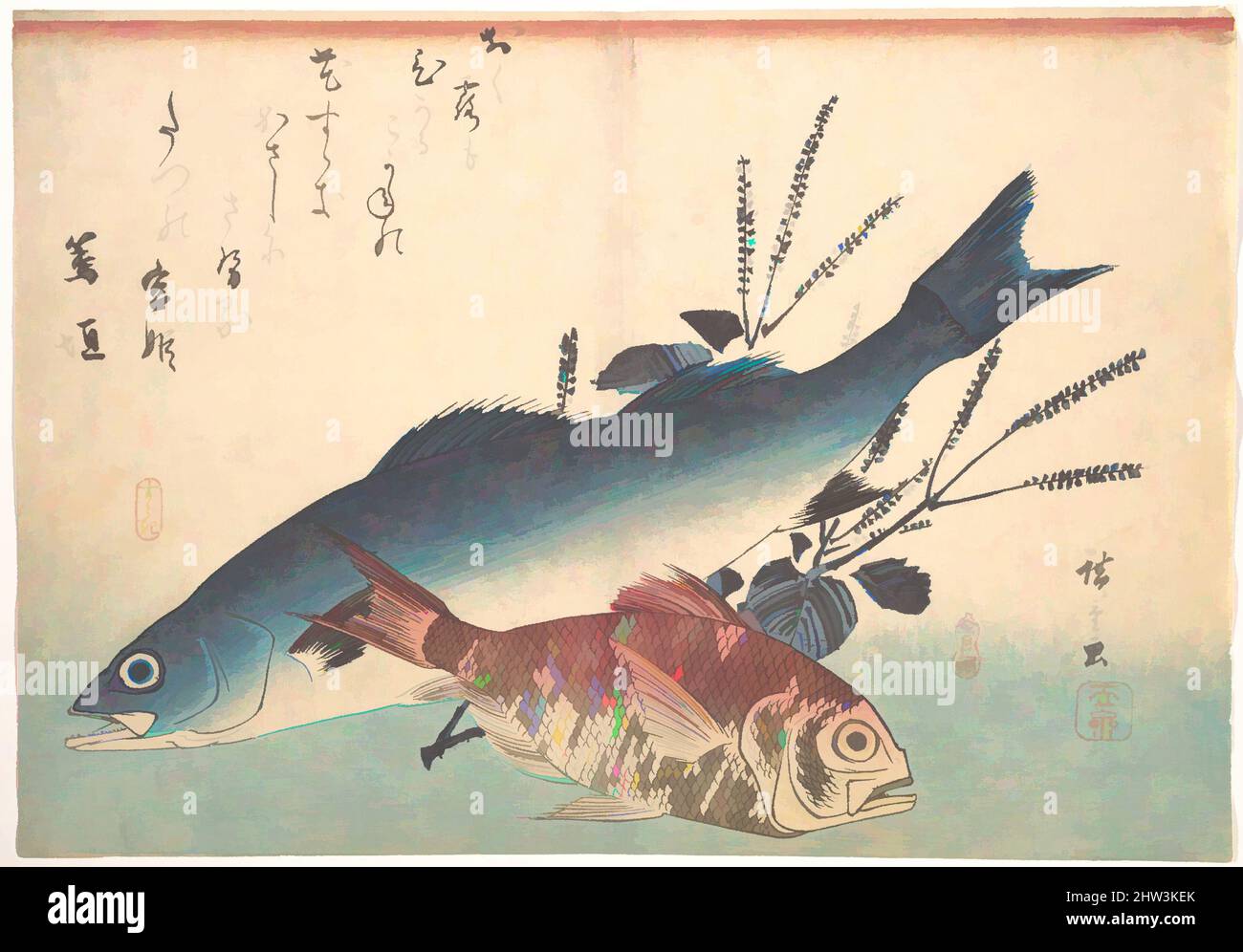 Arte ispirata a 魚づくし いなだ ふぐに梅, Suzuki e Kinmedai Fish della serie Uozukushi (ogni varietà di pesci), Edo period (1615–1868), 1840s, Giappone, stampa in blocco di legno policromo; inchiostro e colore su carta, 10 1/8 x 14 9/16 pollici (25,7 x 37 cm), stampe, Utagawa Hiroshige (Giapponese, Tokyo (Edo, opere classiche modernizzate da Artotop con un tuffo di modernità. Forme, colore e valore, impatto visivo accattivante sulle emozioni artistiche attraverso la libertà delle opere d'arte in modo contemporaneo. Un messaggio senza tempo che persegue una nuova direzione selvaggiamente creativa. Artisti che si rivolgono al supporto digitale e creano l'NFT Artotop Foto Stock