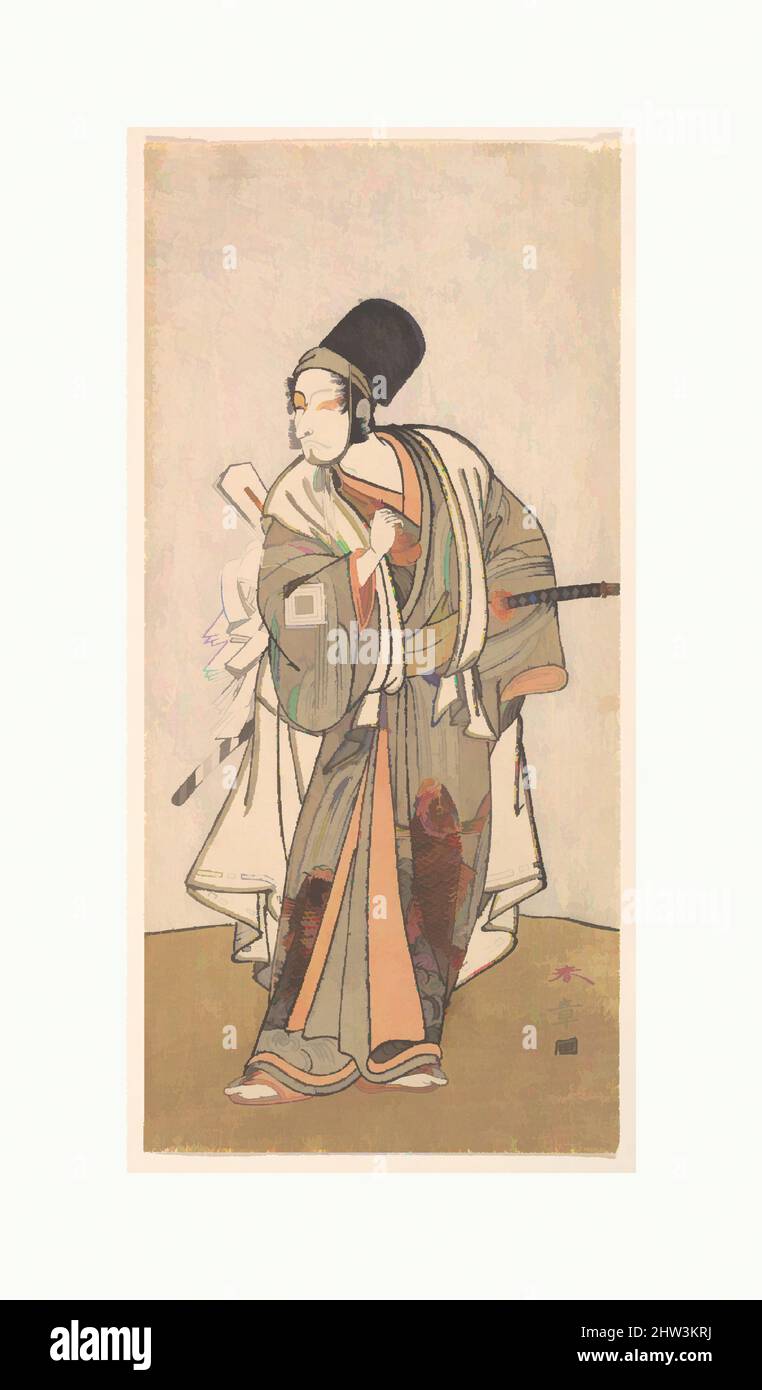 Arte ispirata da figura permanente di un attore della famiglia Ichikawa, probabilmente Danjuro IV, periodo Edo (1615–1868), 1726–1792, Giappone, Stampa a blocchi di legno policromi; inchiostro e colore su carta, 11 1/2 x 5 1/2 pollici (29,2 x 14 cm), stampe, Katsukawa Shunshō (giapponese, 1726–1792, opere classiche modernizzate da Artotop con un tuffo di modernità. Forme, colore e valore, impatto visivo accattivante sulle emozioni artistiche attraverso la libertà delle opere d'arte in modo contemporaneo. Un messaggio senza tempo che persegue una nuova direzione selvaggiamente creativa. Artisti che si rivolgono al supporto digitale e creano l'NFT Artotop Foto Stock
