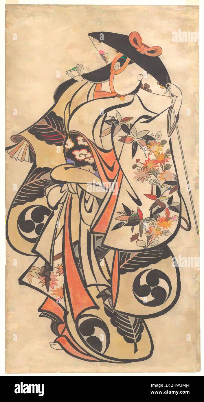 Arte ispirata da Kabuki Actor, periodo Edo (1615-1868), ca. 1708, Giappone, stampa a blocchi di legno policromi; inchiostro e colore su carta, 21 3/4 x 11 1/2 pollici (55,2 x 29,2 cm), stampe, attribuite a Torii Kiyonobu (giapponese, 1664–1729), Kiyonobu, fondatore della linea di artisti Torii, specializzata in opere classiche modernizzate da Artotop con un tuffo di modernità. Forme, colore e valore, impatto visivo accattivante sulle emozioni artistiche attraverso la libertà delle opere d'arte in modo contemporaneo. Un messaggio senza tempo che persegue una nuova direzione selvaggiamente creativa. Artisti che si rivolgono al supporto digitale e creano l'NFT Artotop Foto Stock