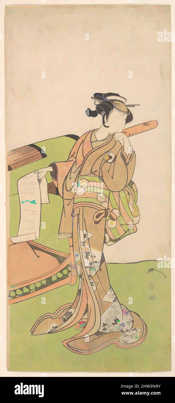 Arte ispirata dall'attore Iwai Hanshiro IV in ruolo femminile, in piedi accanto a una lettiera, periodo Edo (1615–1868), 1726–1792, Giappone, stampa in blocco di legno policromo; inchiostro e colore su carta, 12 1/2 x 5 5/8 pollici (31,8 x 14,3 cm), stampe, Katsukawa Shunshō (giapponese, 1726–1792, opere classiche modernizzate da Artotop con un tuffo di modernità. Forme, colore e valore, impatto visivo accattivante sulle emozioni artistiche attraverso la libertà delle opere d'arte in modo contemporaneo. Un messaggio senza tempo che persegue una nuova direzione selvaggiamente creativa. Artisti che si rivolgono al supporto digitale e creano l'NFT Artotop Foto Stock
