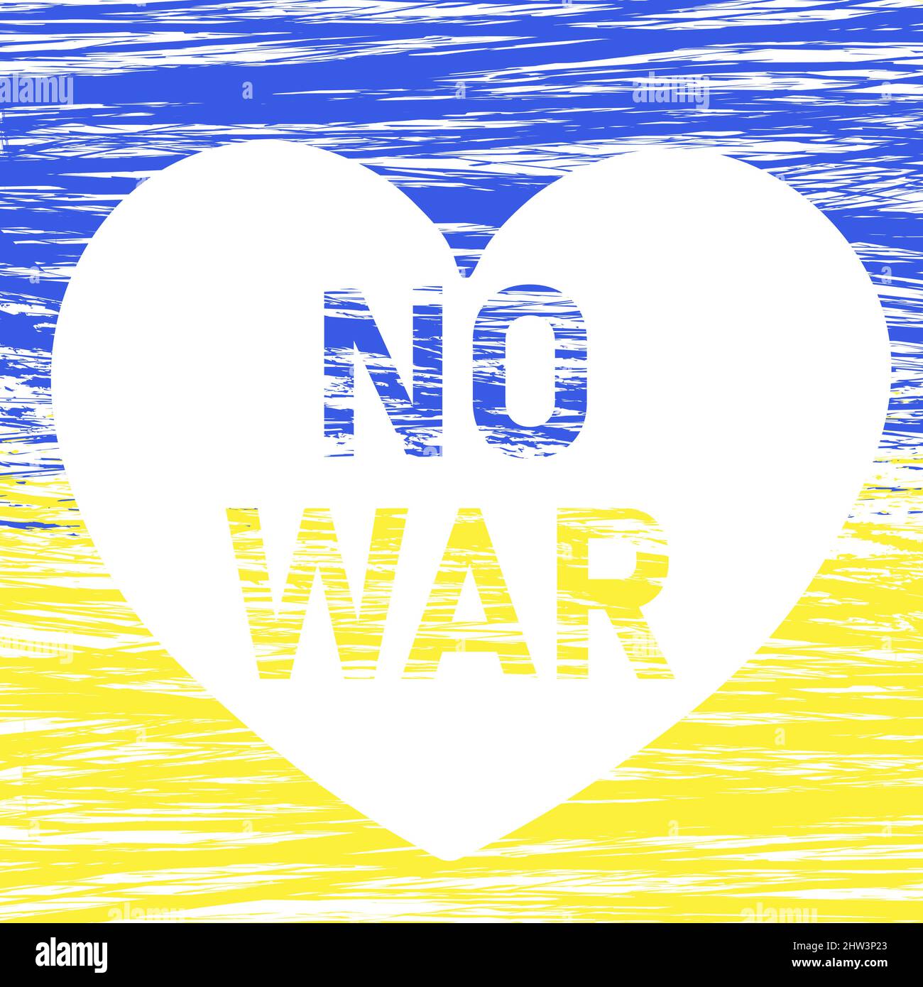 Illustrazione vettoriale di No War con cuore nei colori della bandiera Ucraina isolato su sfondo bianco. Vettore ucraino patriottico caratteri in blu e. Illustrazione Vettoriale